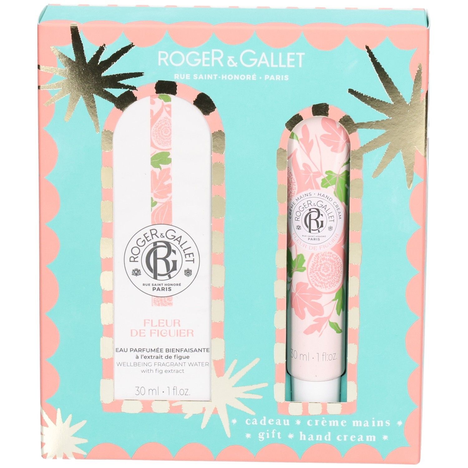Coffret cadeau avec Eau Parfumée et crème mains. Emballage turquoise et rose avec étoiles. Motifs floraux. Texte: Fleur de Figuier.