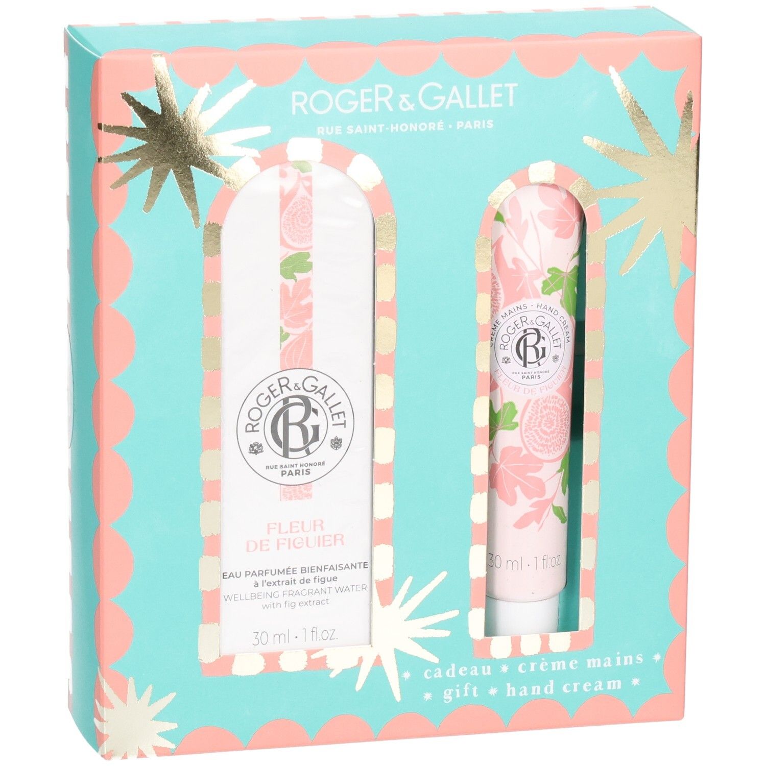 Coffret cadeau avec Eau Parfumée et crème mains. Emballage turquoise et rose avec étoiles. Motifs floraux. Texte: Fleur de Figuier.