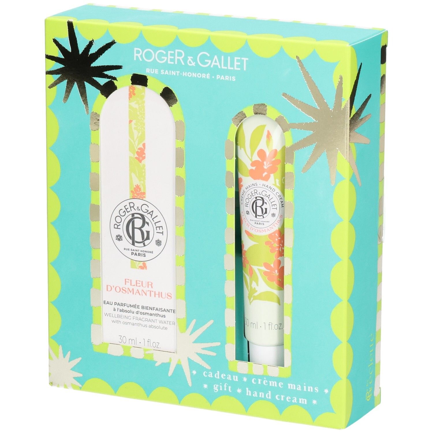 Coffret cadeau avec eau parfumée et crème pour les mains. Emballage turquoise et jaune avec motif floral. Marque Roger & Gallet.