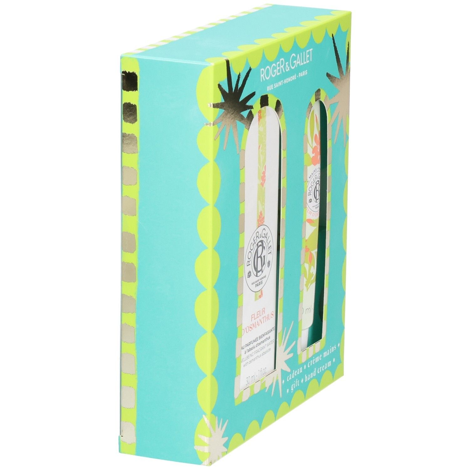 Vue latérale du coffret cadeau. Emballage turquoise et jaune avec motif floral. Contient eau parfumée et crème pour les mains.