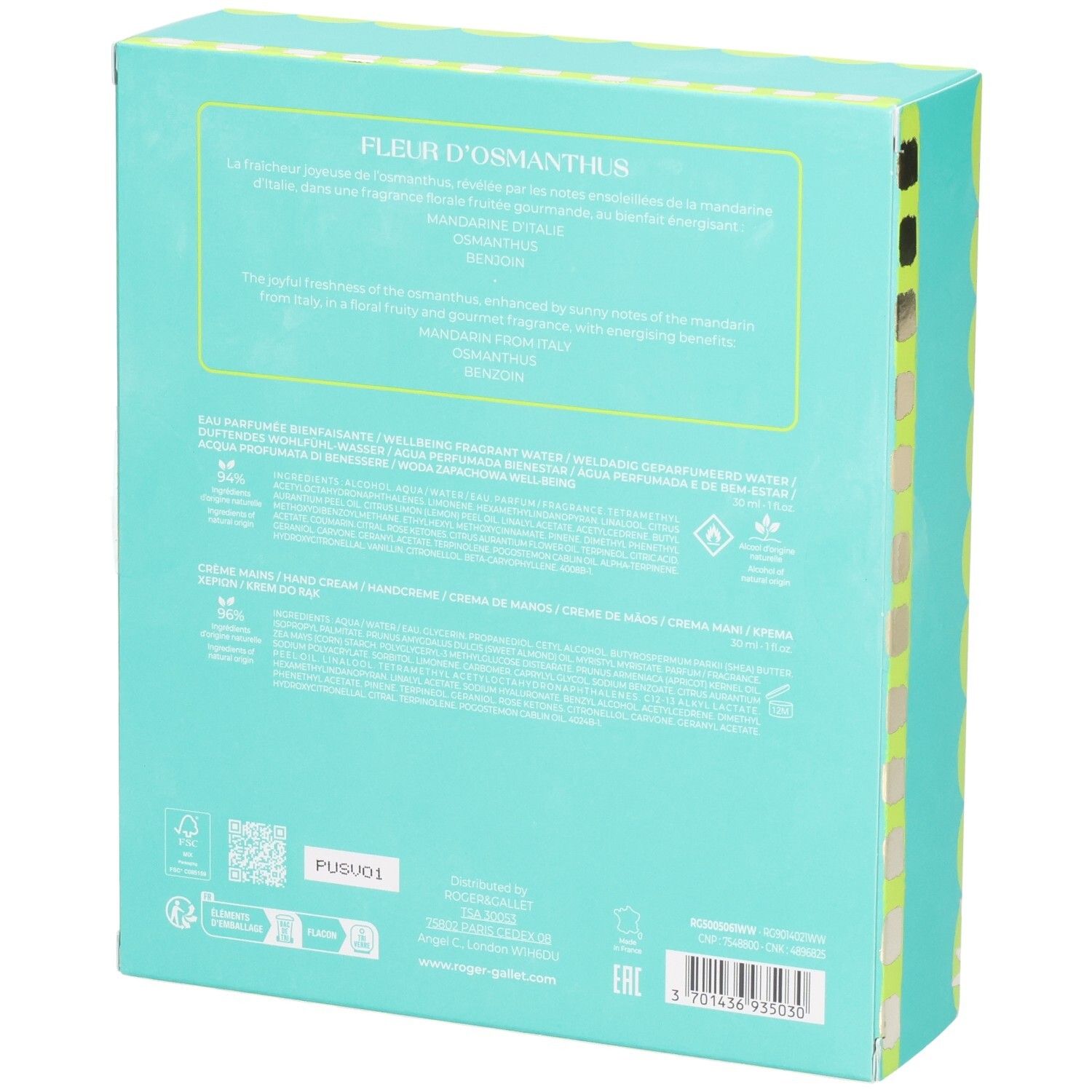 Dos du coffret cadeau. Emballage turquoise et jaune avec informations sur le produit et certifications. Marque Roger & Gallet.