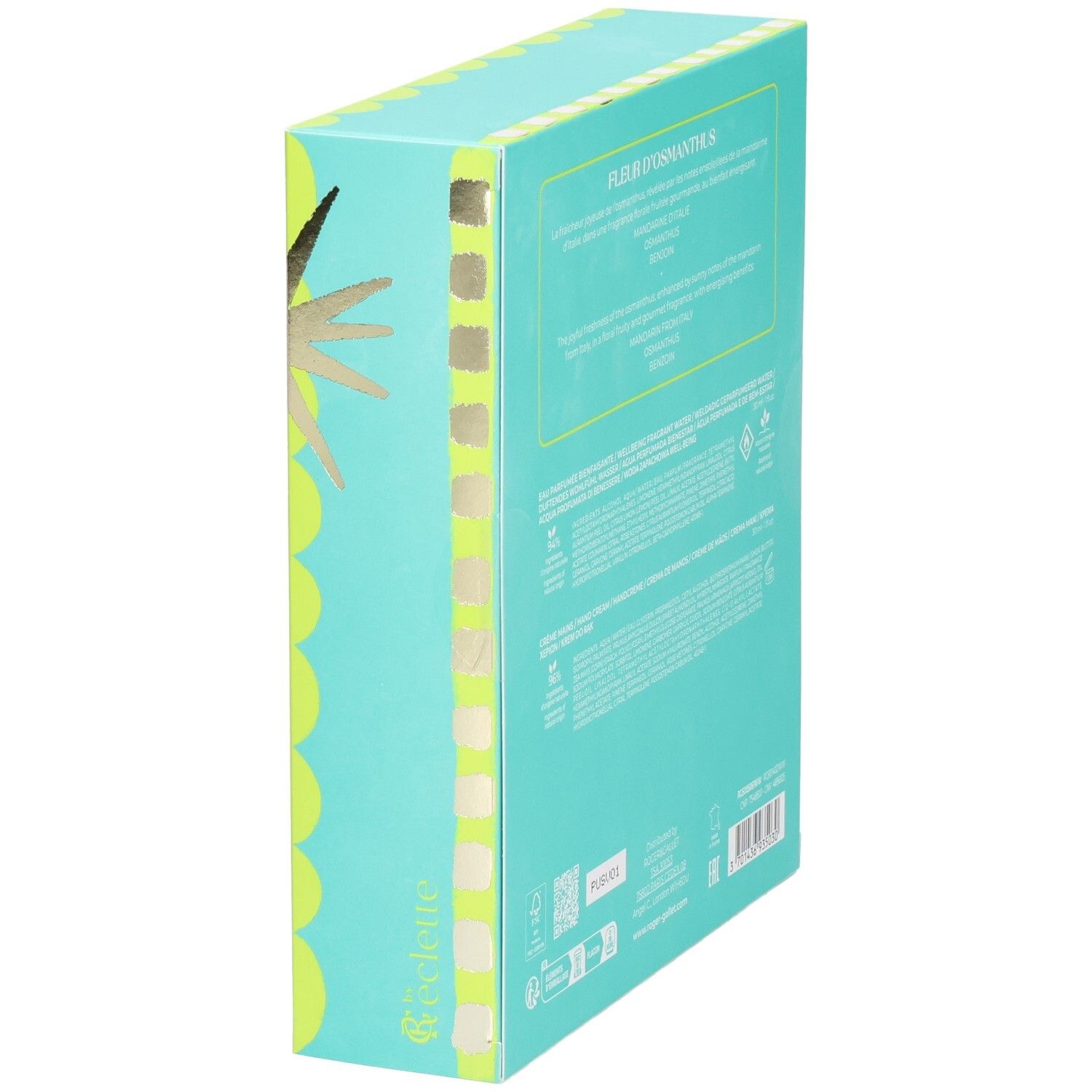 Vue latérale du coffret cadeau. Emballage turquoise et jaune avec informations sur le produit. Marque Roger & Gallet.