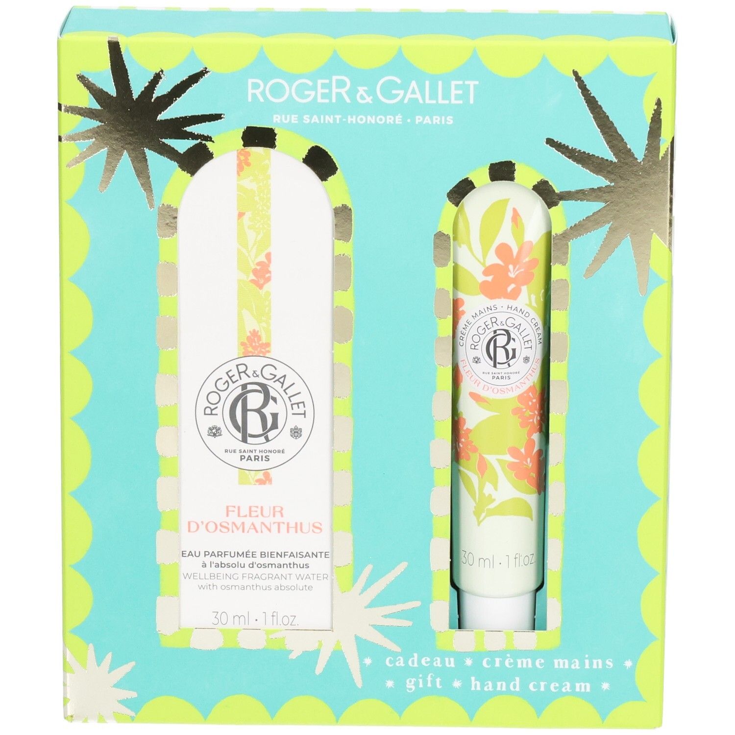 Coffret cadeau avec eau parfumée et crème pour les mains. Emballage turquoise et jaune avec motif floral. Marque Roger & Gallet.