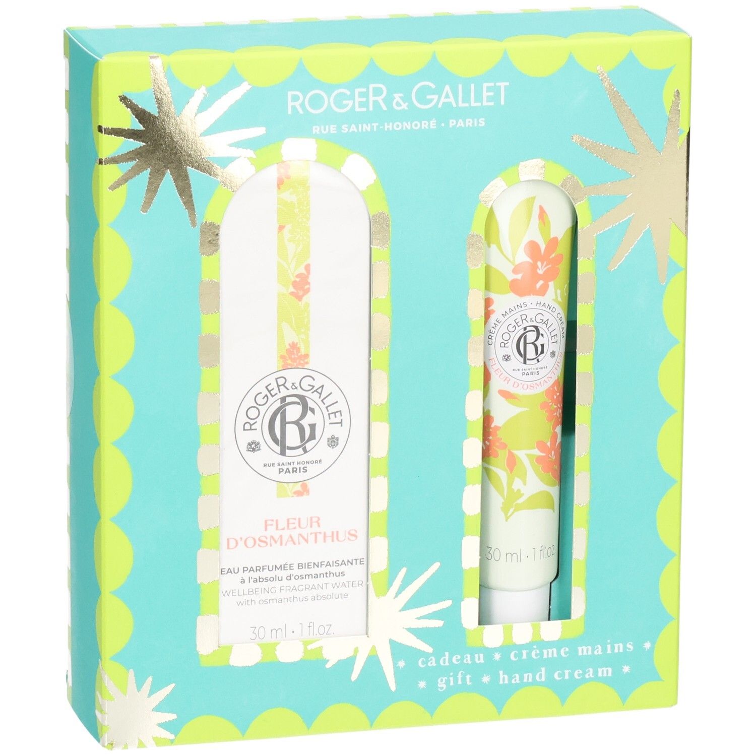 Coffret cadeau avec eau parfumée et crème pour les mains. Emballage turquoise et jaune avec motif floral. Marque Roger & Gallet.