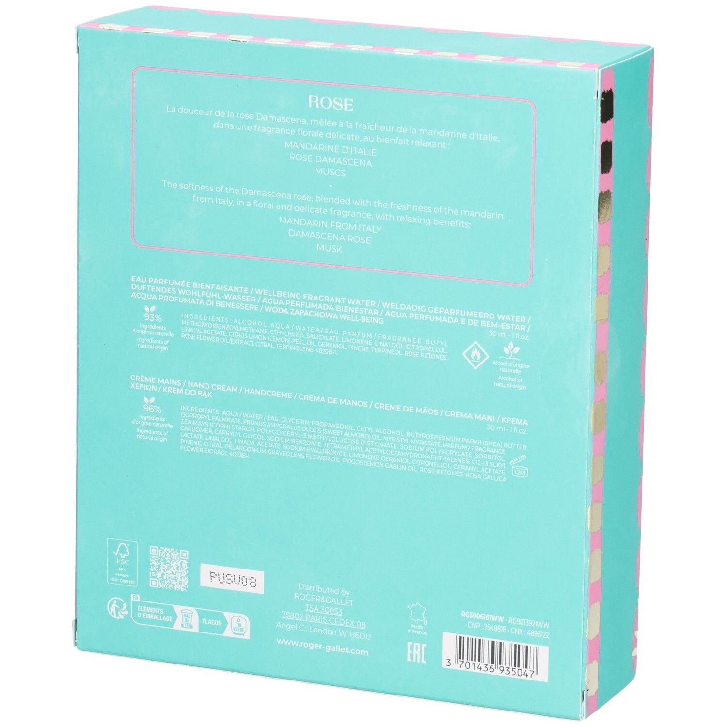 Dos du coffret cadeau. Turquoise avec texte et logos. Contient des informations sur le contenu et la marque Roger & Gallet.