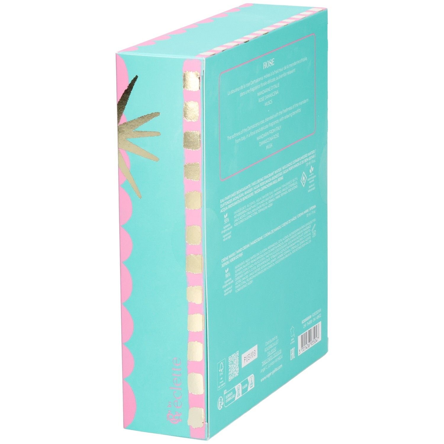 Vue latérale du coffret cadeau. Turquoise avec texte. Contient des informations sur le contenu et la marque Roger & Gallet.
