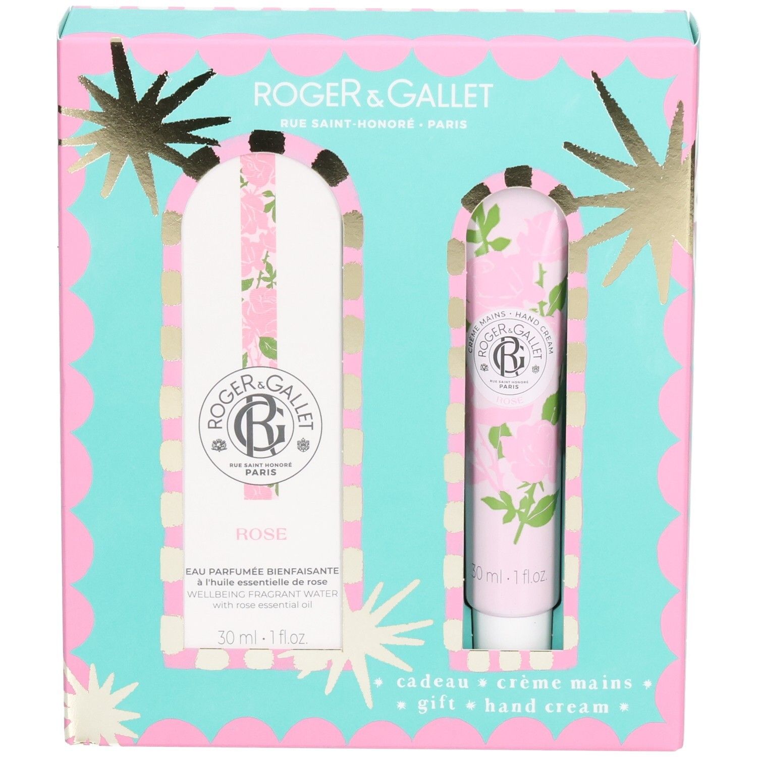 Coffret cadeau avec deux produits. Design turquoise et rose avec des étoiles. Contient une bouteille et un tube.