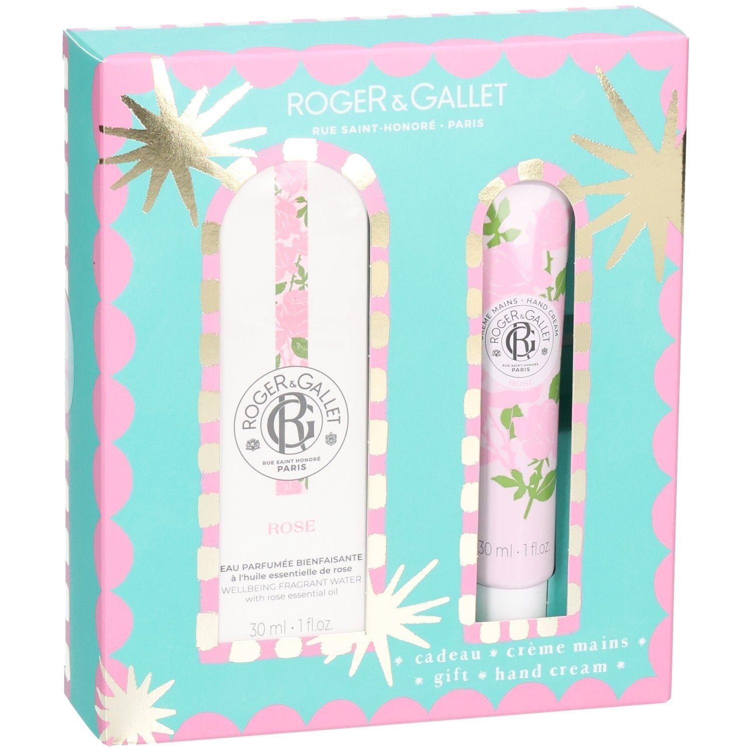 Coffret cadeau avec deux produits. Design turquoise et rose avec des étoiles. Contient une bouteille et un tube.