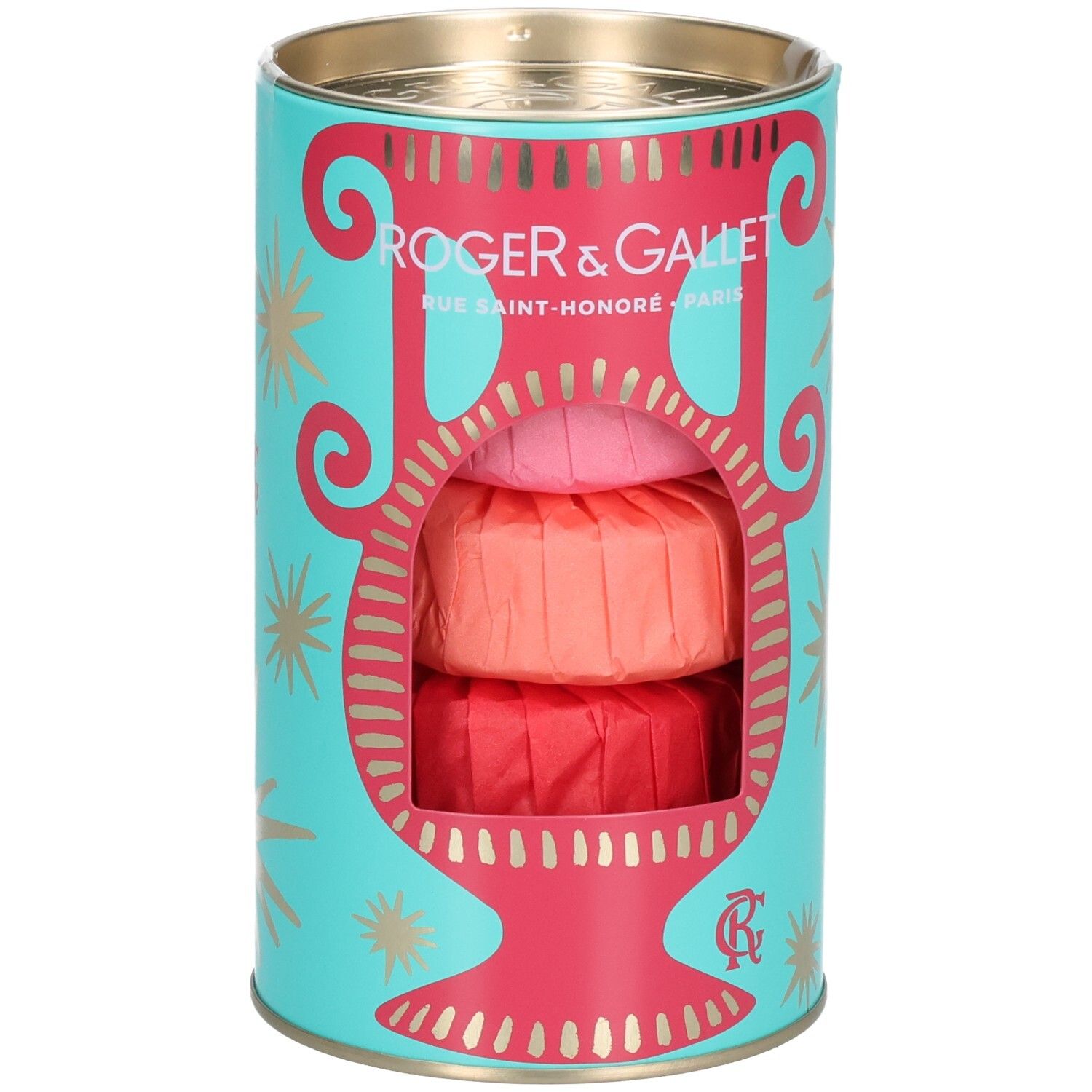 Coffret cylindrique avec trois savons. Éléments turquoise, rouges et dorés. Marque Roger & Gallet.