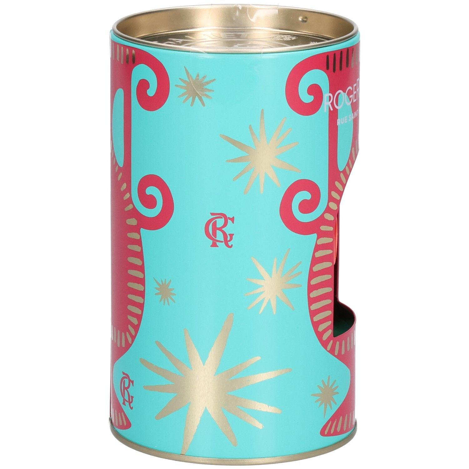 Coffret cylindrique turquoise avec design rouge et doré. Marque Roger & Gallet.