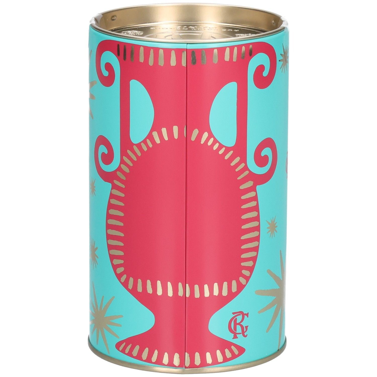 Coffret cylindrique avec design rouge sur fond turquoise. Marque Roger & Gallet.
