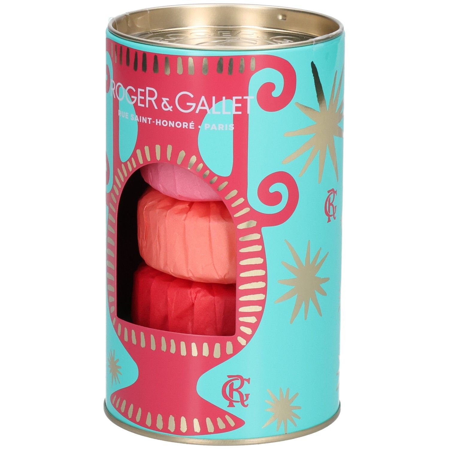 Coffret cylindrique avec trois savons. Éléments turquoise, rouges et dorés. Marque Roger & Gallet.