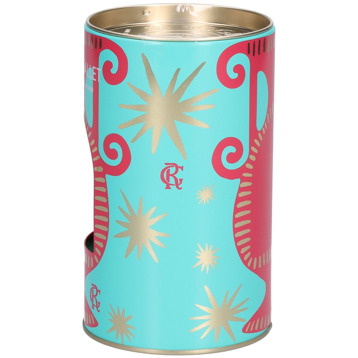Coffret cylindrique turquoise avec design rouge et doré. Marque Roger & Gallet.