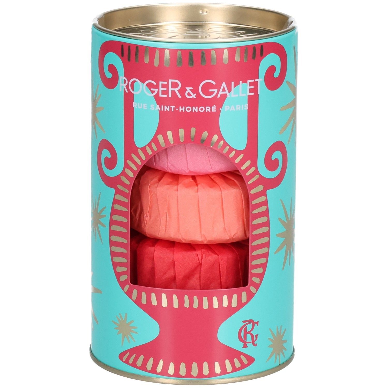 Coffret cylindrique avec trois savons. Éléments turquoise, rouges et dorés. Marque Roger & Gallet.