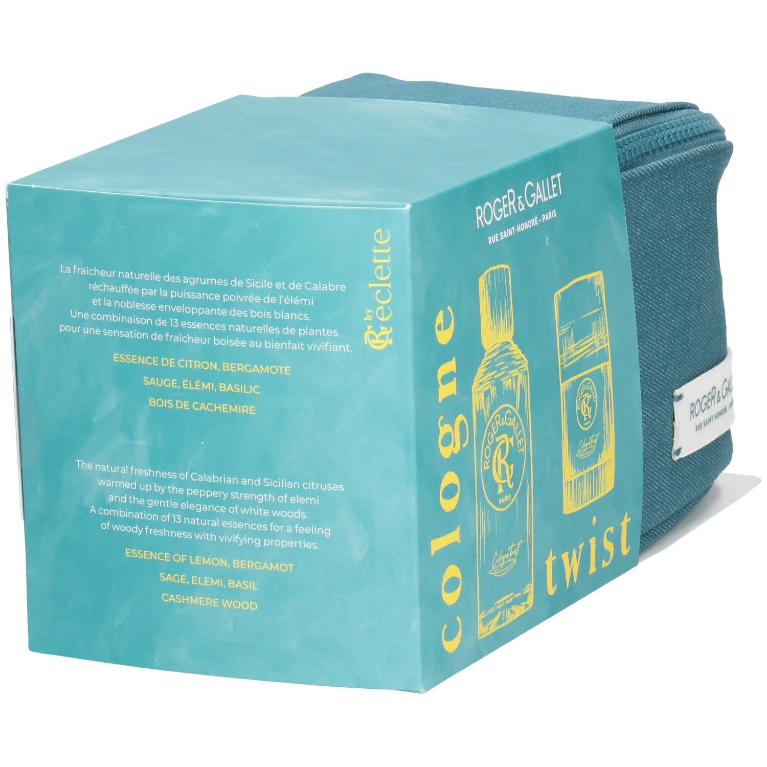 Coffret cadeau avec trousse de toilette bleue et emballage. Emballage avec texte et illustrations de flacon et déodorant.