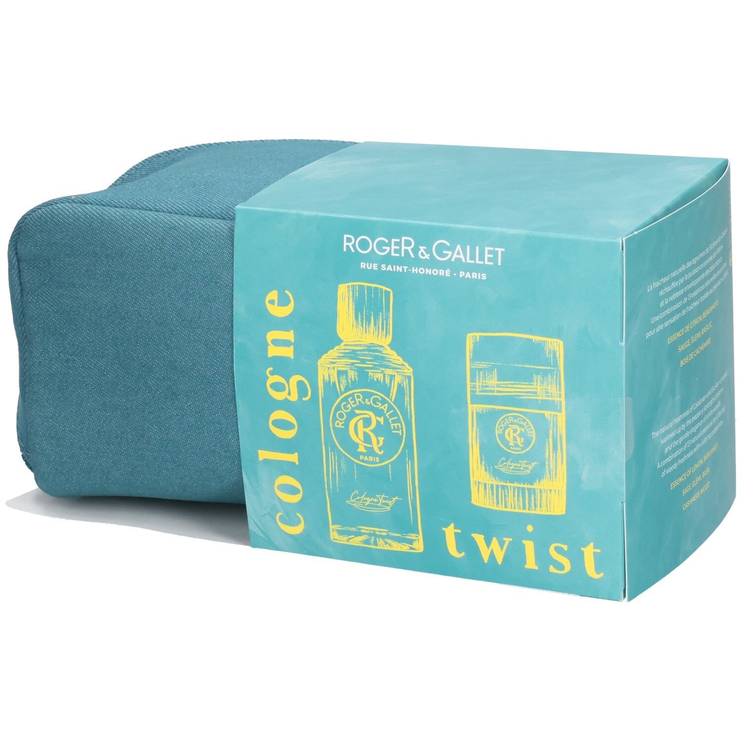 Coffret cadeau avec trousse de toilette bleue et emballage. Sur l'emballage : illustrations de flacon et déodorant, inscription "cologne twist".