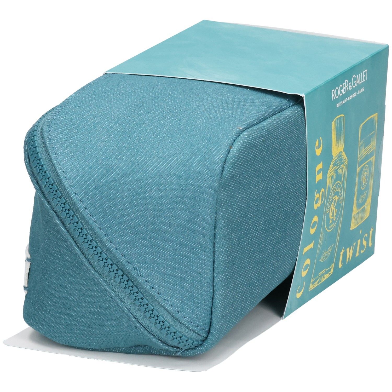 Coffret cadeau avec trousse de toilette bleue et emballage. Trousse de toilette zippée, emballage avec illustrations et texte.