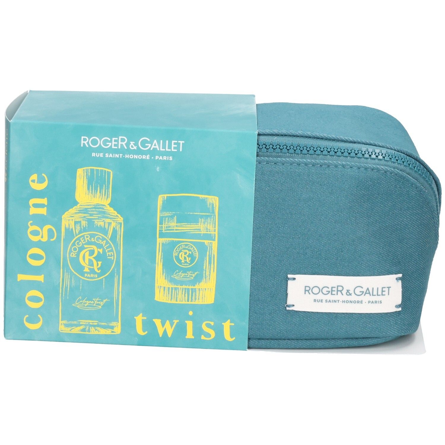 Coffret cadeau avec trousse de toilette bleue et emballage. Sur l'emballage : illustrations de flacon et déodorant, inscription "cologne twist".