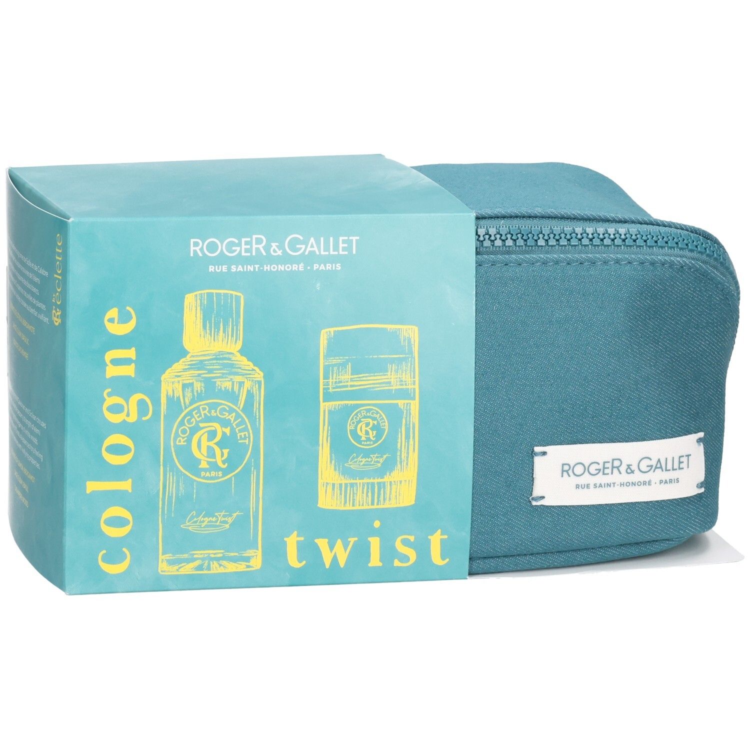 Coffret cadeau avec trousse de toilette bleue et emballage. Sur l'emballage : illustrations de flacon et déodorant, inscription "cologne twist".