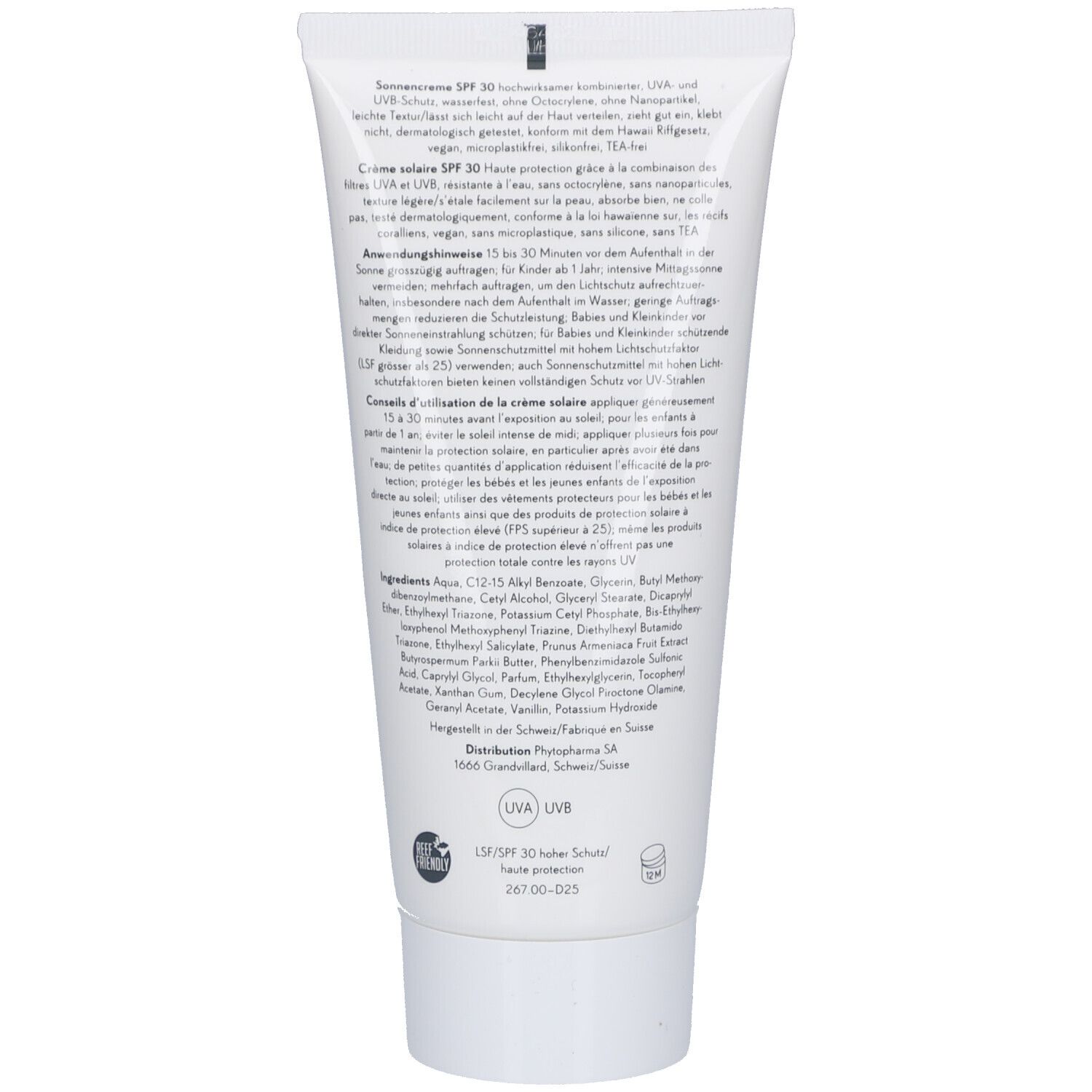 Rückseite der Sonnencreme-Tube. Text in Deutsch und Französisch. Inhaltsstoffe und Informationen zur Anwendung.