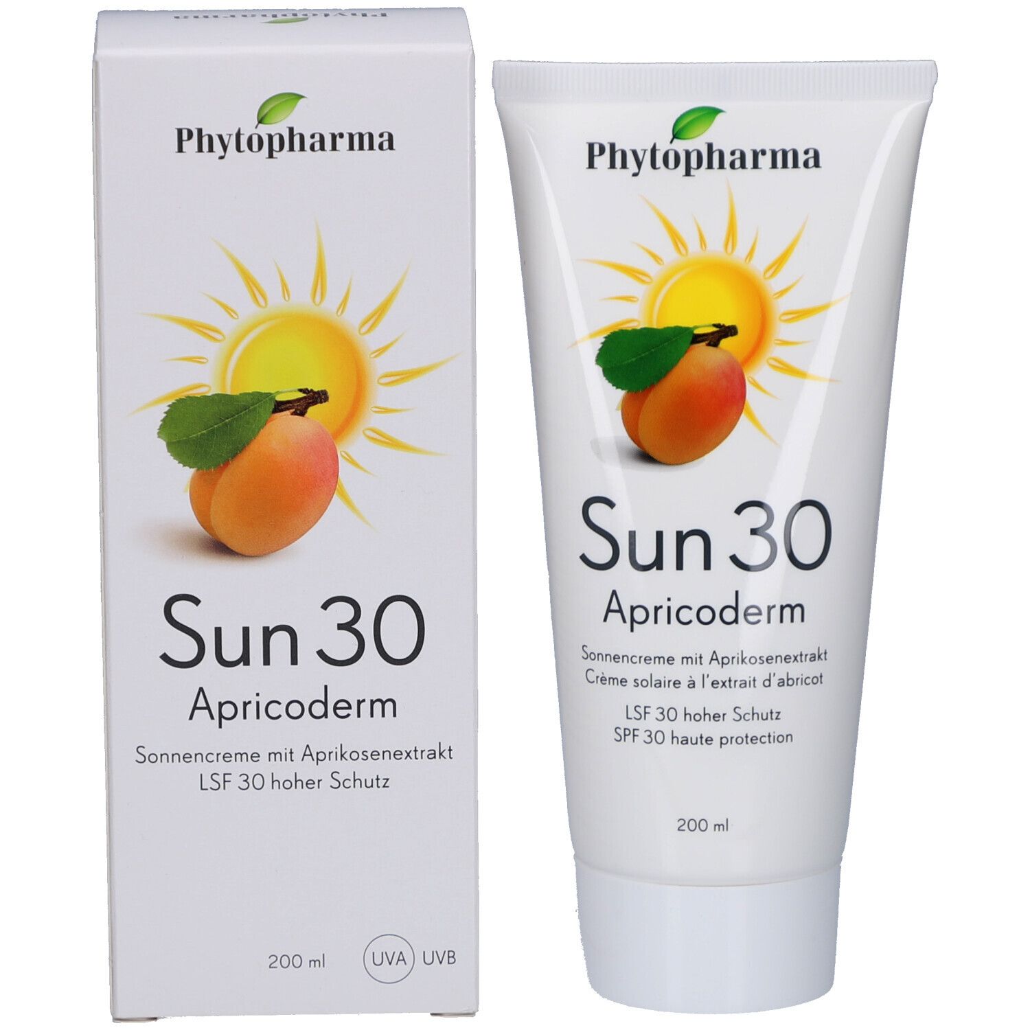 Sonnencreme-Tube und Karton. Aufdruck: Phytopharma, Sun 30 Apricoderm, Sonnencreme, LSF 30. Abbildung: Aprikose und Sonne.