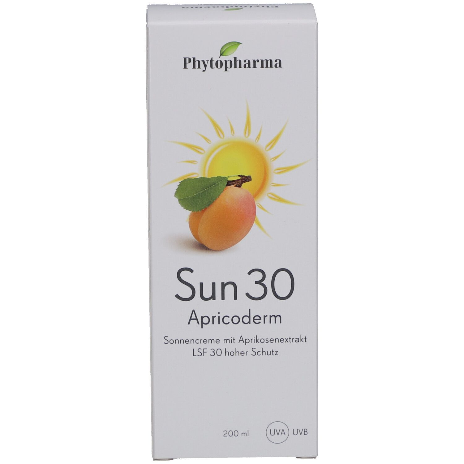 Karton mit Sonnencreme. Aufdruck: Phytopharma, Sun 30 Apricoderm, Sonnencreme, LSF 30. Abbildung: Aprikose und Sonne.