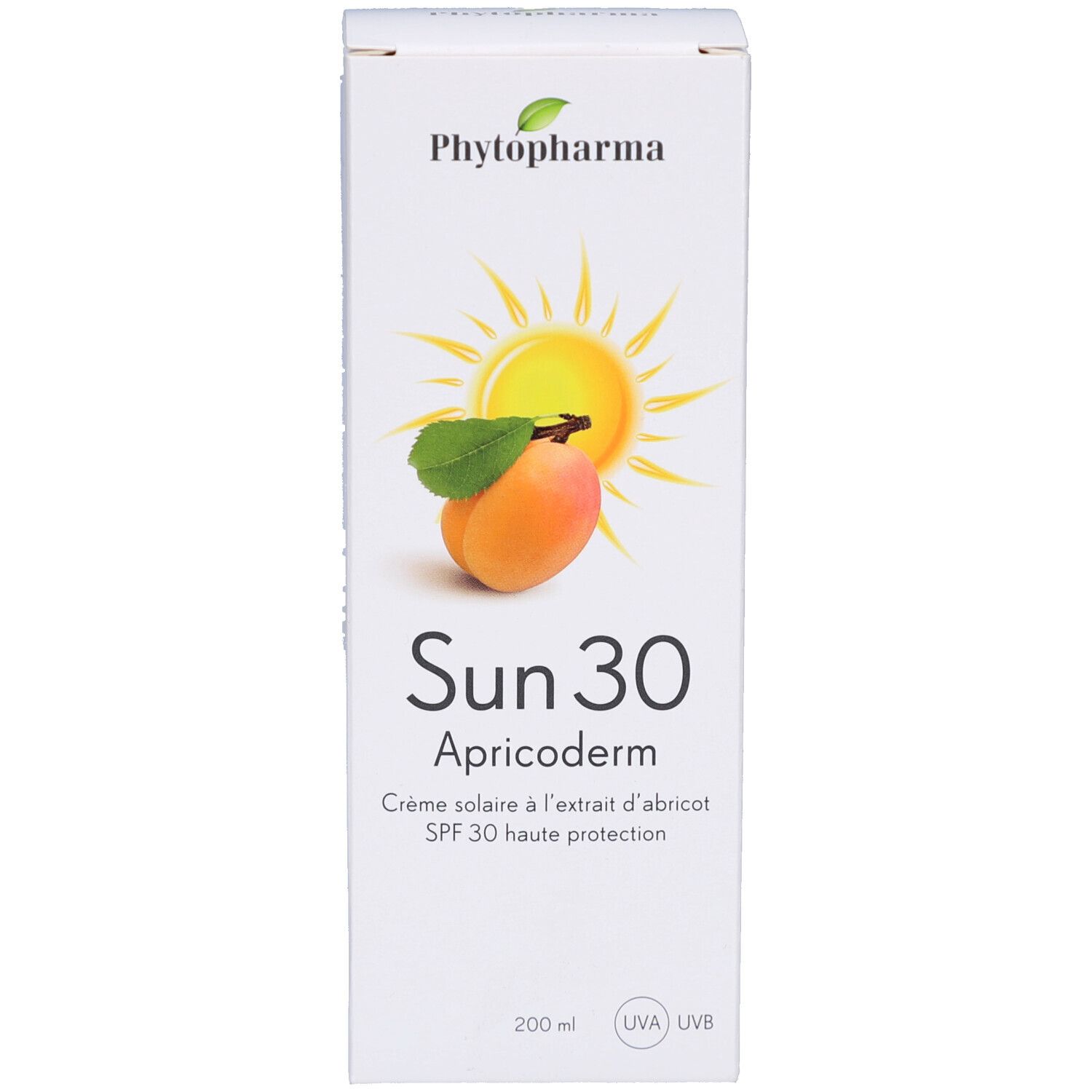 Vorderseite des Kartons mit Sonnencreme. Aufdruck: Phytopharma, Sun 30 Apricoderm, Sonnencreme, LSF 30. Abbildung: Aprikose und Sonne.