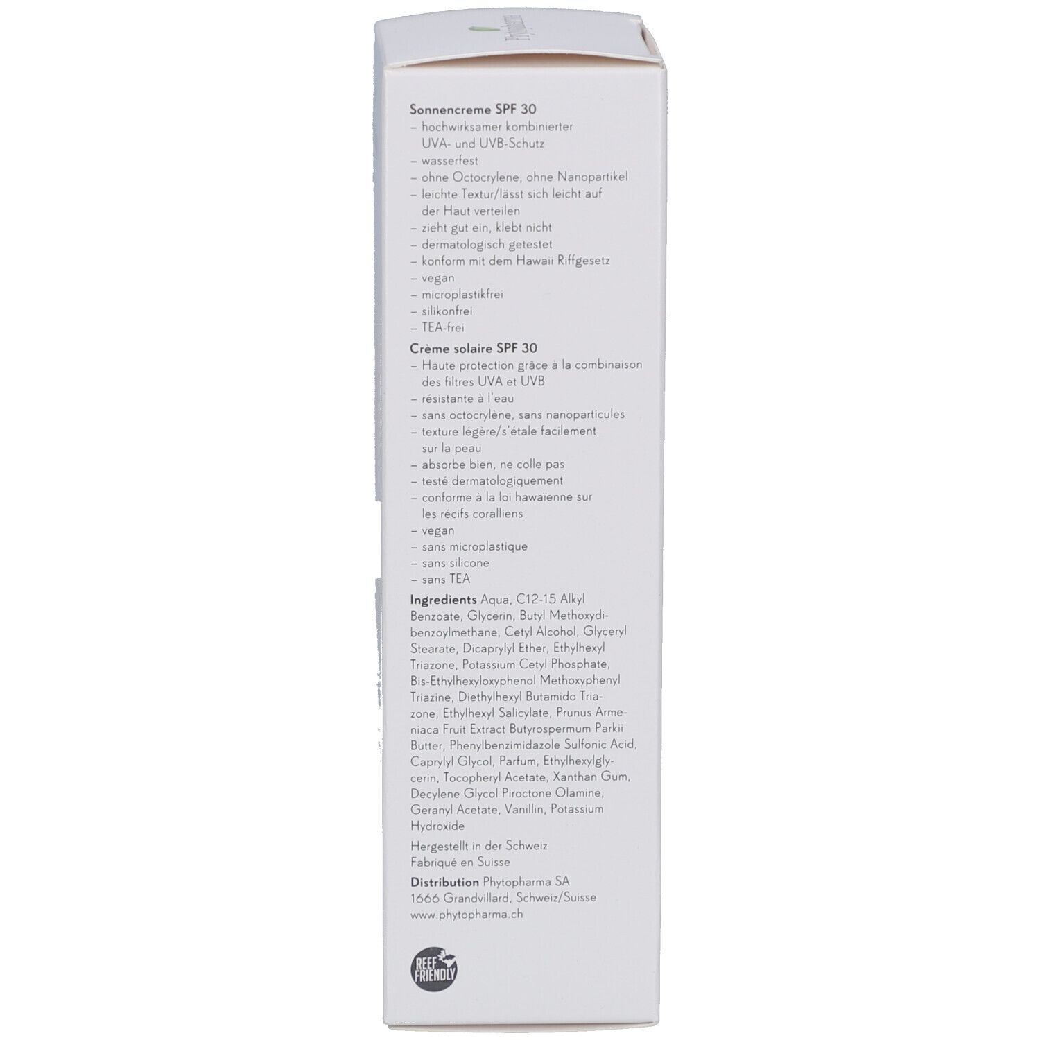 Rückseite des Kartons mit Sonnencreme. Text in Deutsch und Französisch. Inhaltsstoffe und weitere Informationen.