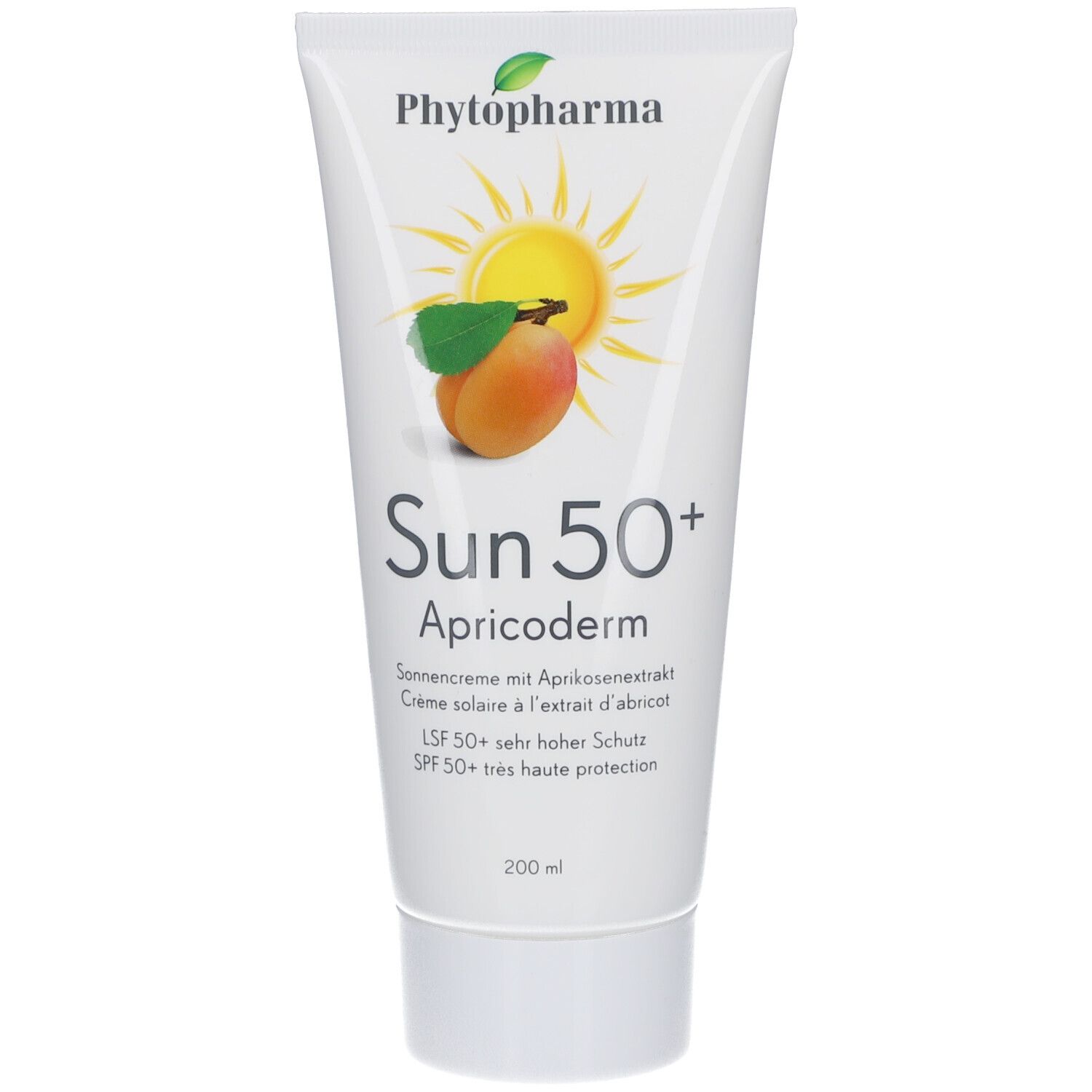 Weiße Tube mit Sonnencreme. Aufdruck: Marke, Sonnenmotiv, Aprikose, Produktname, LSF 50+, 200 ml. Weißer Schraubverschluss.