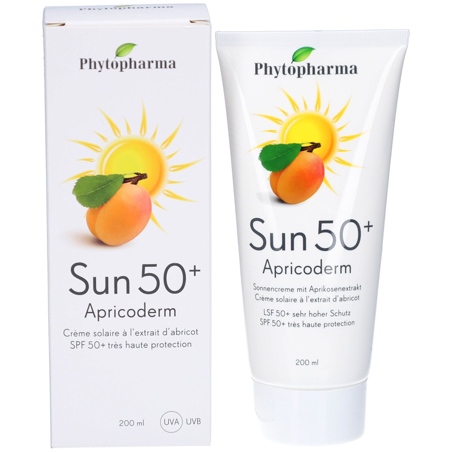 Sonnencreme-Tube und Karton. Aufdruck: Marke, Sonnenmotiv, Aprikose, Produktname, LSF 50+, 200 ml. Weißer Hintergrund.