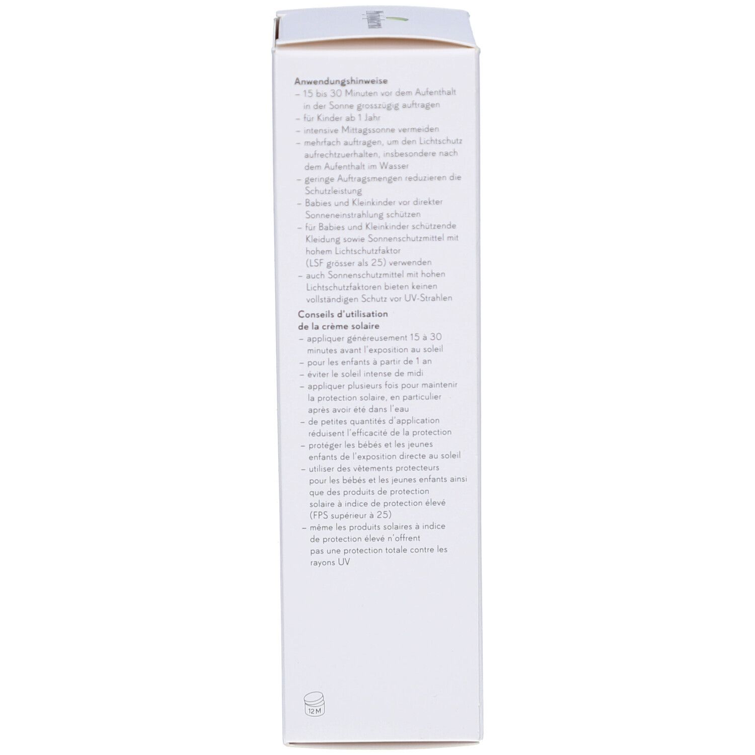 Seite der Kartonverpackung. Text mit Anwendungshinweisen und Herstellerinformationen. Weißer Hintergrund.