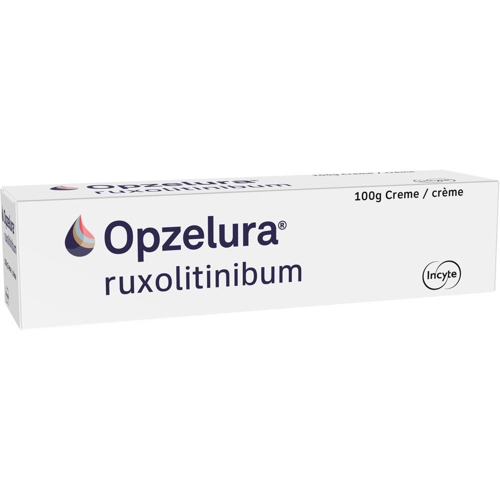 Weiße Schachtel mit Produktnamen Opzelura und ruxolitinibum. Aufschrift: 100g Creme/crème. Logo von Incyte.