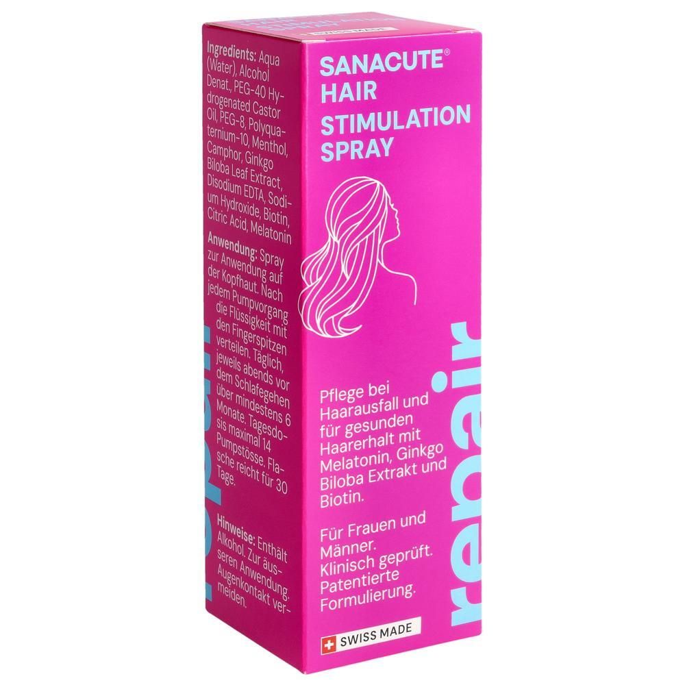 Rosa Verpackung mit Produktnamen und Illustration einer Frau. Text: Hair Stimulation Spray. Enthält Melatonin, Ginkgo, Biotin. Swiss Made.