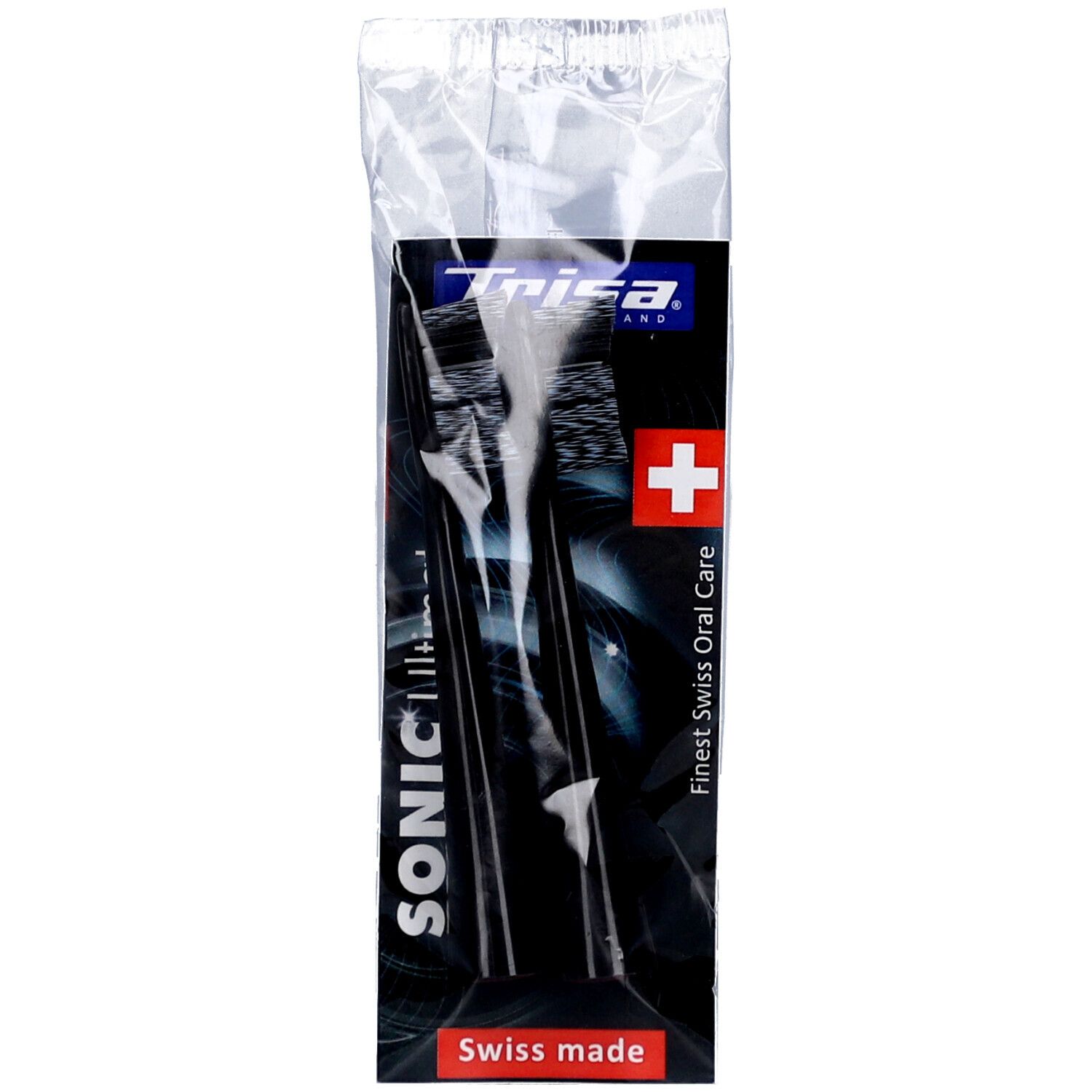 Verpackung mit schwarzen Zahnbürsten. Aufschrift: Trisa Sonic, Swiss made. Schweizer Kreuz.
