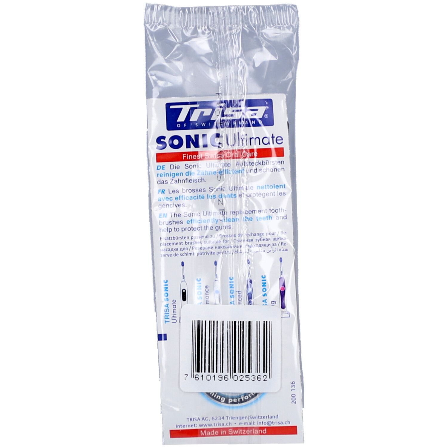 Verpackung mit Trisa Sonic Ultimate Zahnbürsten. Text und Barcode. Hergestellt in der Schweiz.