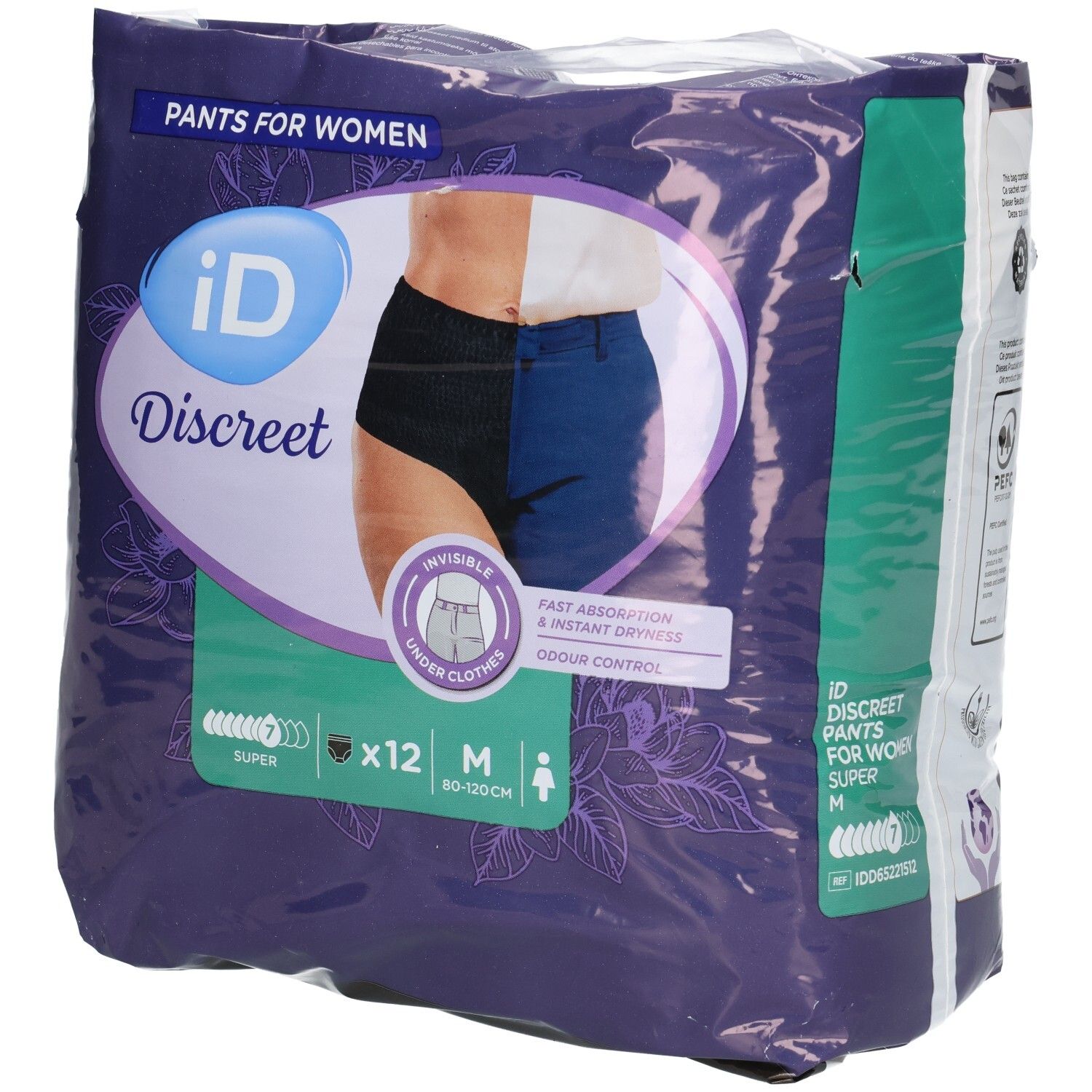 Verpackung von iD Discreet Pants M Super. Zeigt eine Frau in Unterwäsche. Enthält 12 Stück. Größe M, 80-120cm. Schnelle Absorption und Geruchskontrolle.