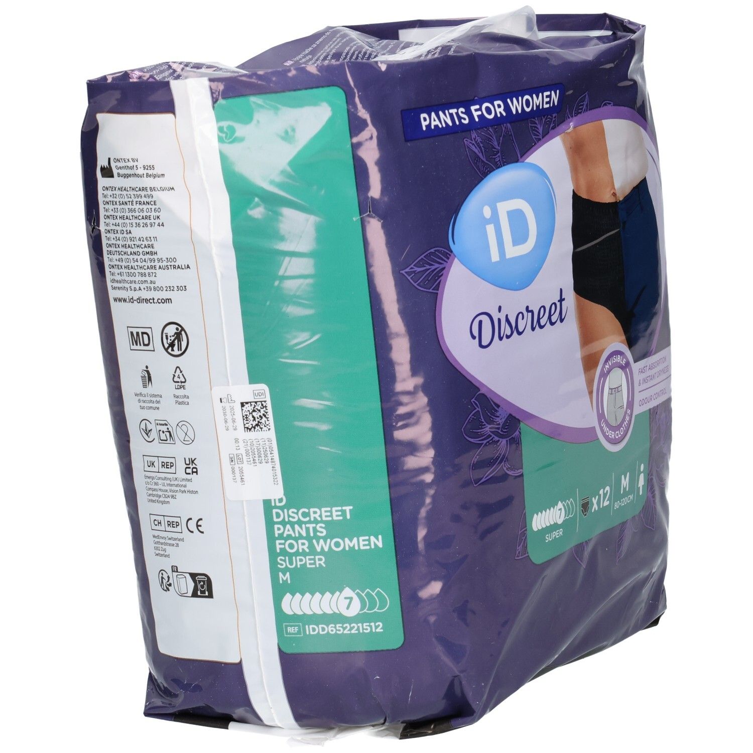 Verpackung von iD Discreet Pants M Super. Rückseite mit Produktinformationen und Logos. Enthält 12 Stück. Größe M. MD-Logo und andere Symbole.