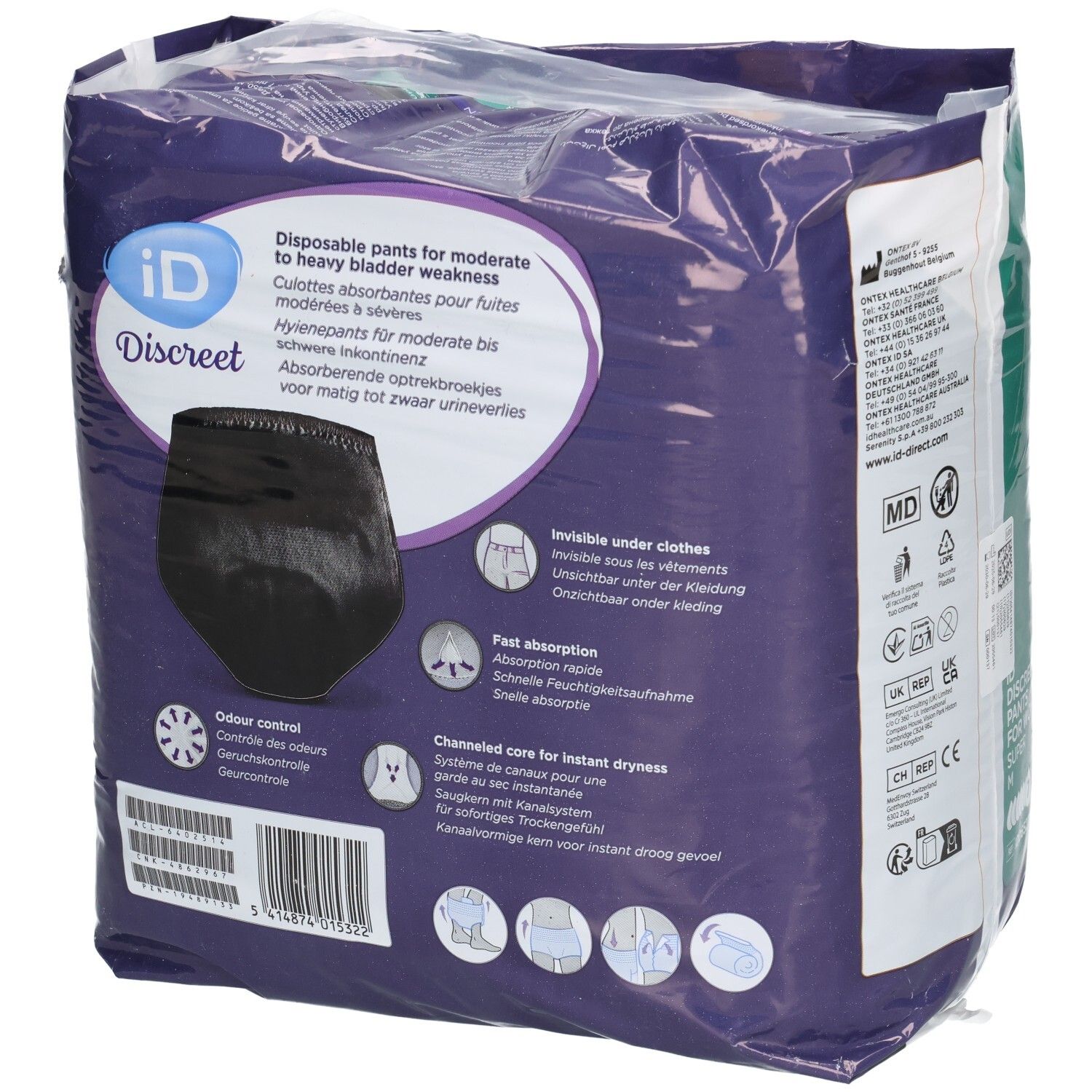 Rückseite der iD Discreet Pants M Super Verpackung. Zeigt eine schwarze Hose. Informationen zu Blasenschwäche. Schnelle Absorption und Geruchskontrolle.