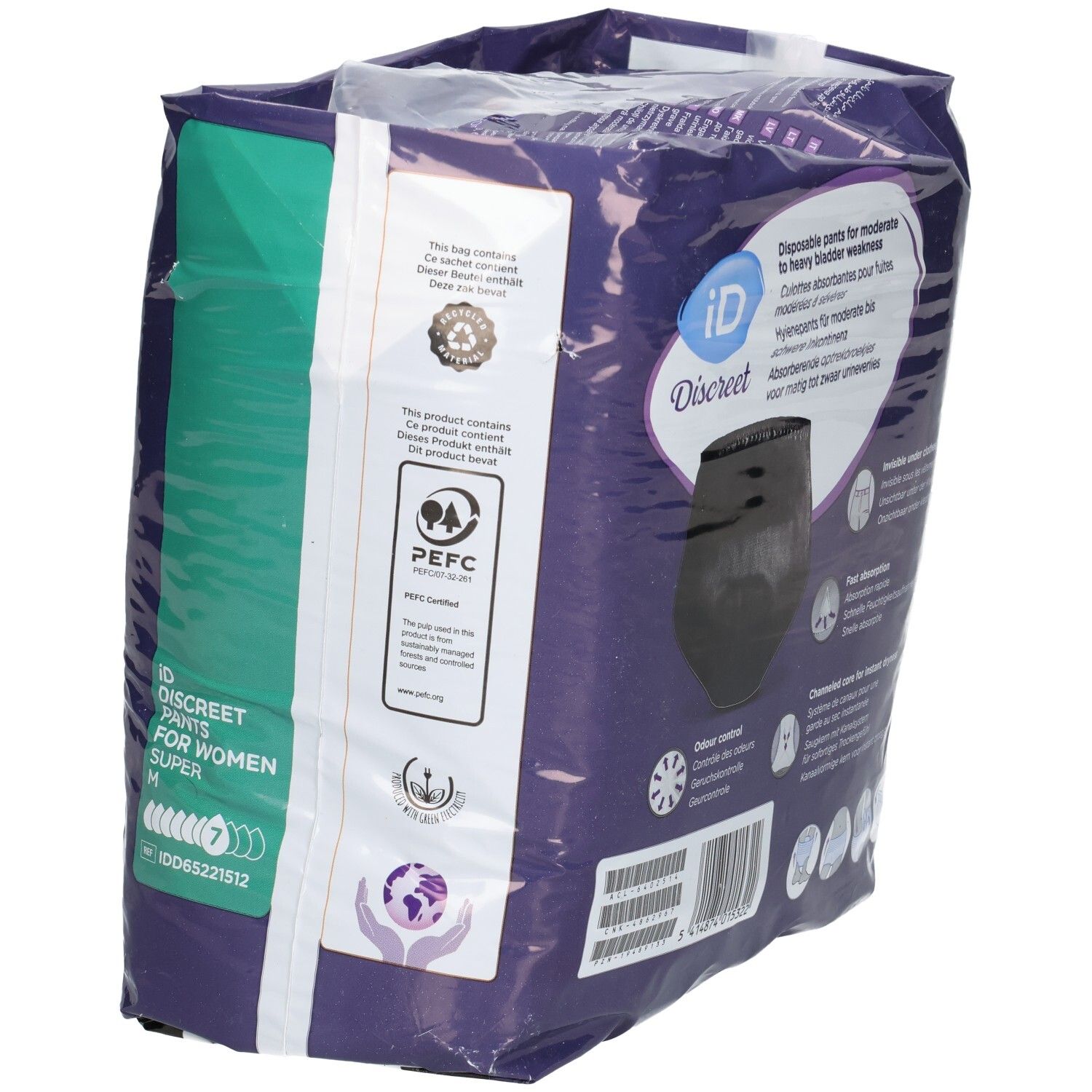 Rückseite der iD Discreet Pants M Super Verpackung. Zeigt Logos und Zertifizierungen. Informationen zu Blasenschwäche. PEFC-Logo.