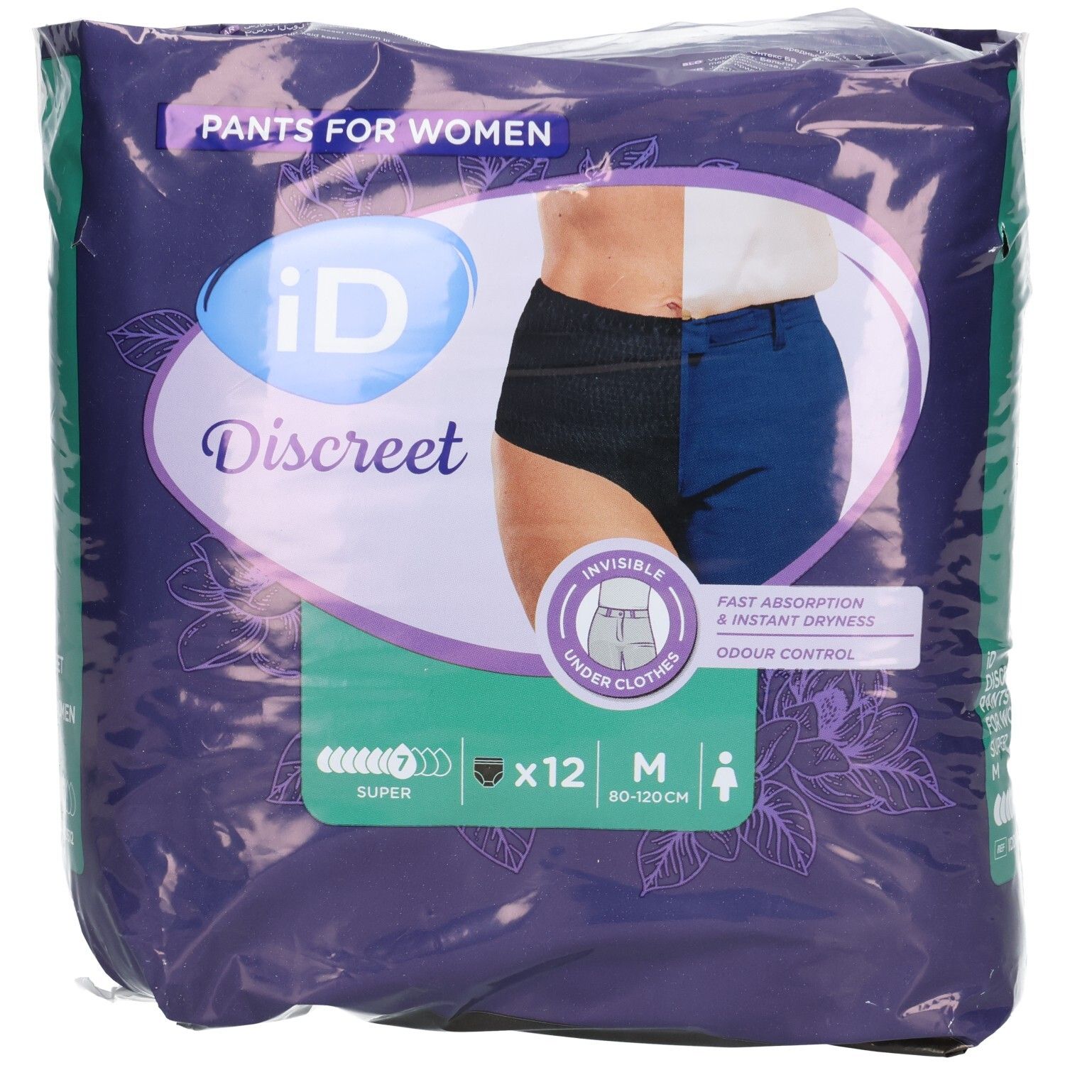 Verpackung von iD Discreet Pants M Super. Zeigt eine Frau in Unterwäsche. Enthält 12 Stück. Größe M, 80-120cm. Schnelle Absorption und Geruchskontrolle.