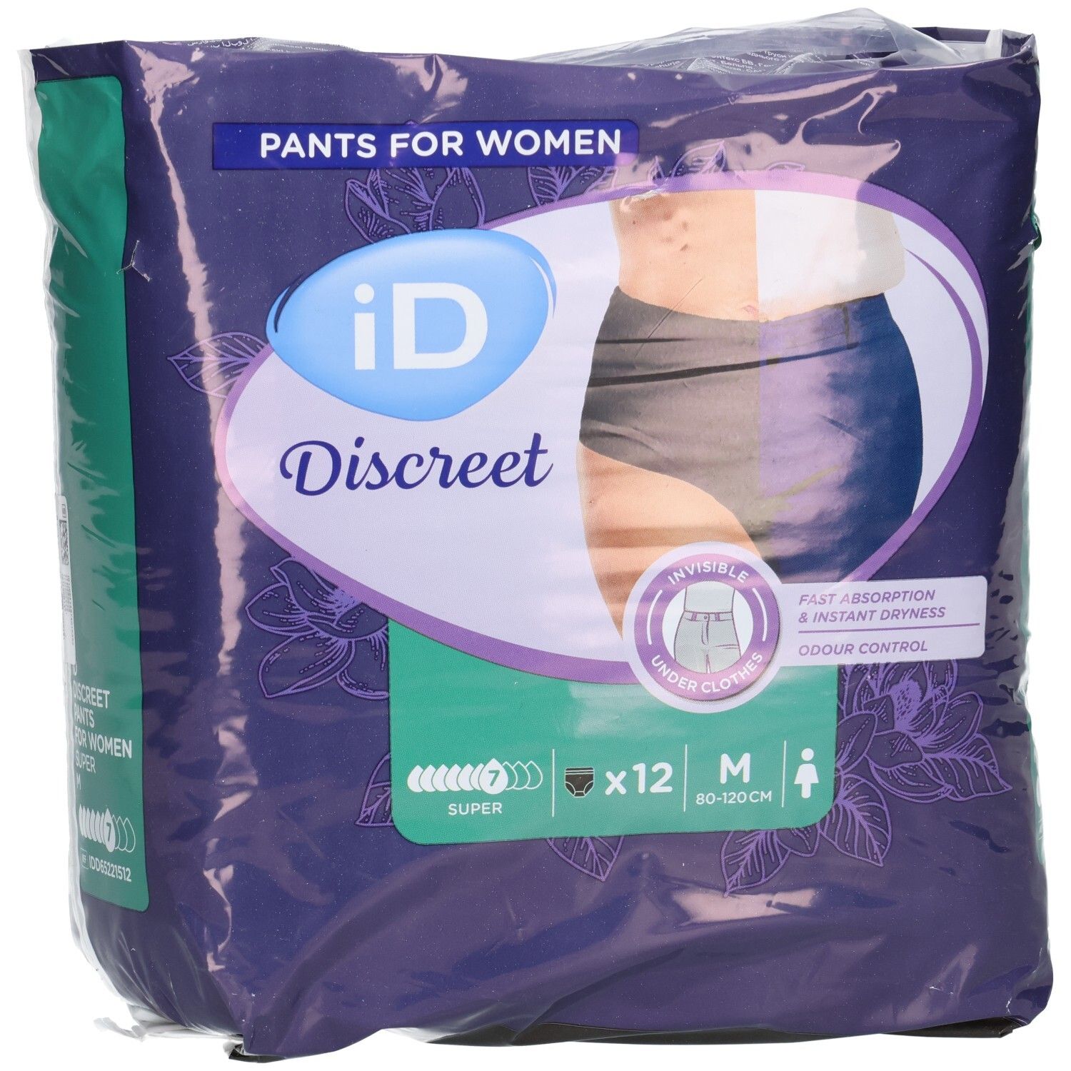 Verpackung von iD Discreet Pants M Super. Zeigt eine Frau in Unterwäsche. Enthält 12 Stück. Größe M, 80-120cm. Schnelle Absorption und Geruchskontrolle.