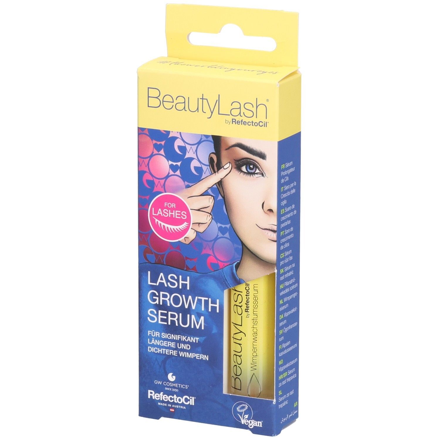 Verpackung mit BeautyLash Wimpernwachstumsserum. Aufdruck: Lash Growth Serum. Abbildung eines Auges.