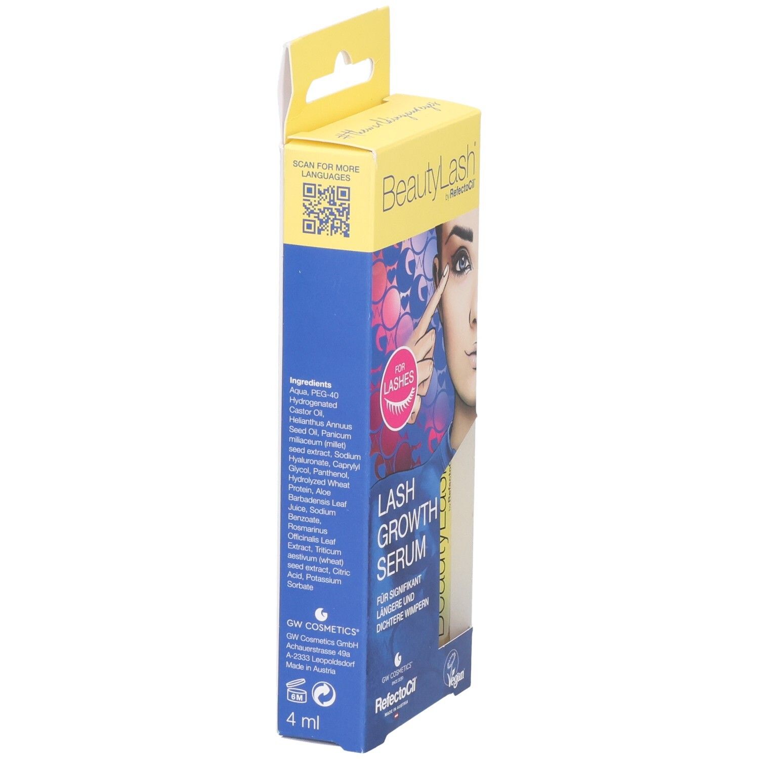 Seitenansicht der Verpackung mit BeautyLash Wimpernwachstumsserum. Zutatenliste und Text.