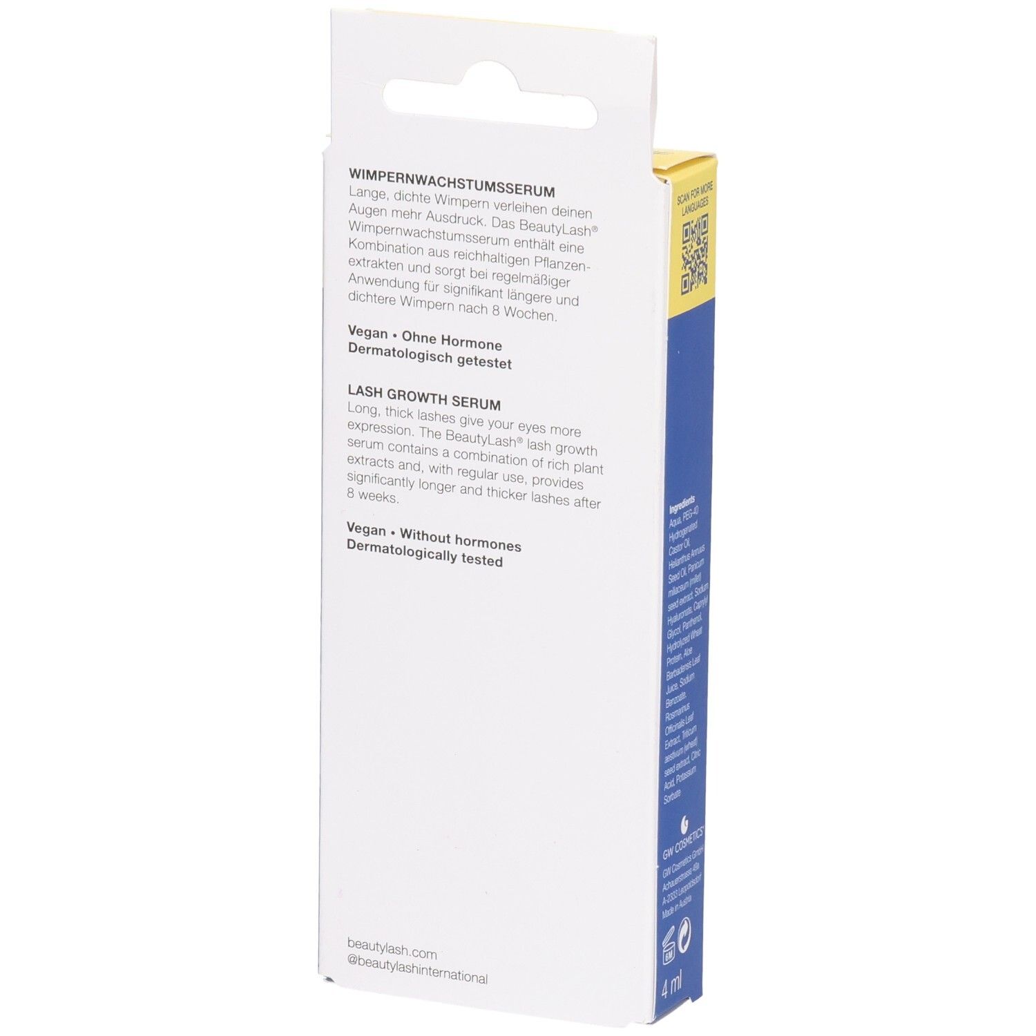 Rückseite der Verpackung mit Text zum Wimpernwachstumsserum. Vegan-Logo und dermatologisch getestet.