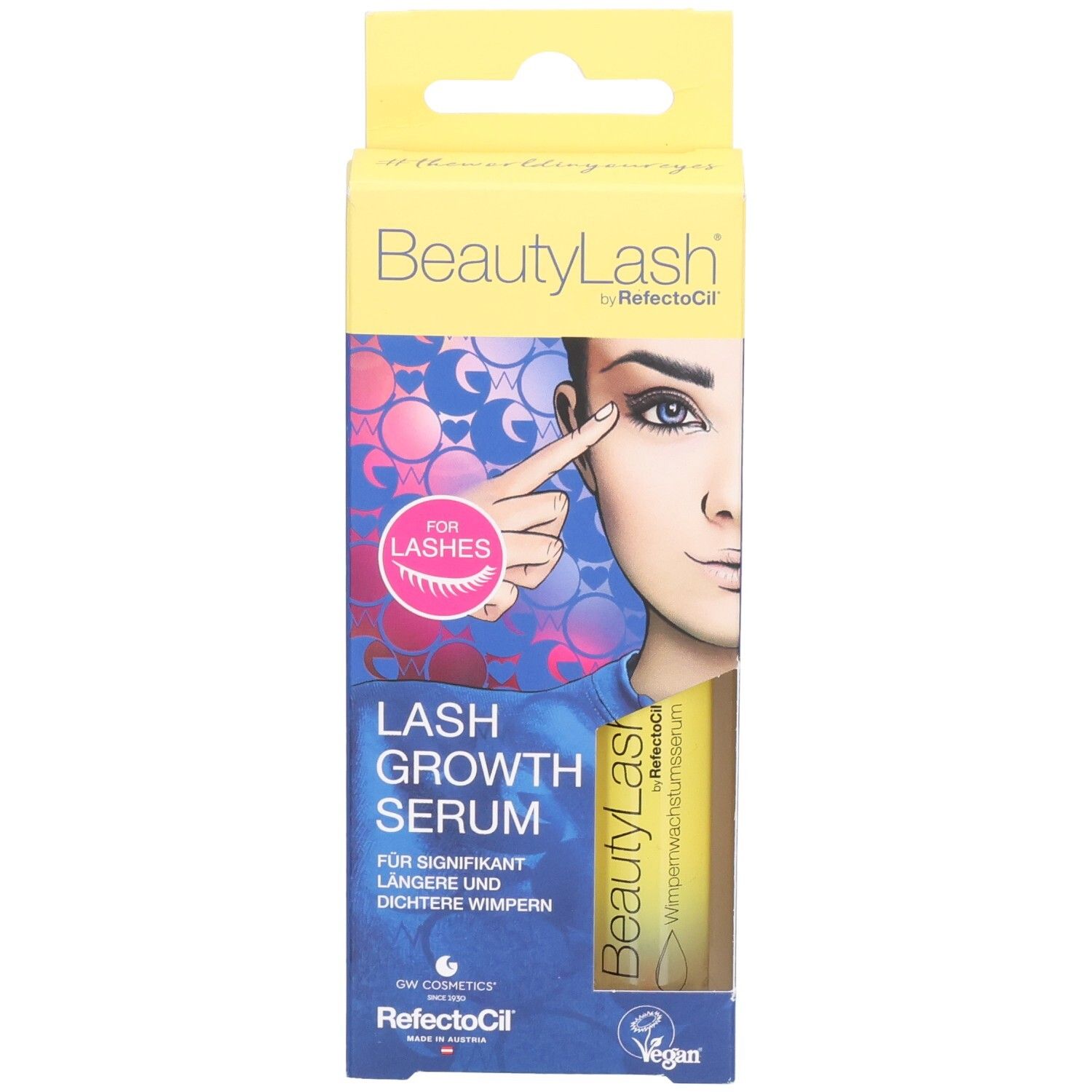 Verpackung mit BeautyLash Wimpernwachstumsserum. Aufdruck: Lash Growth Serum. Abbildung eines Auges.