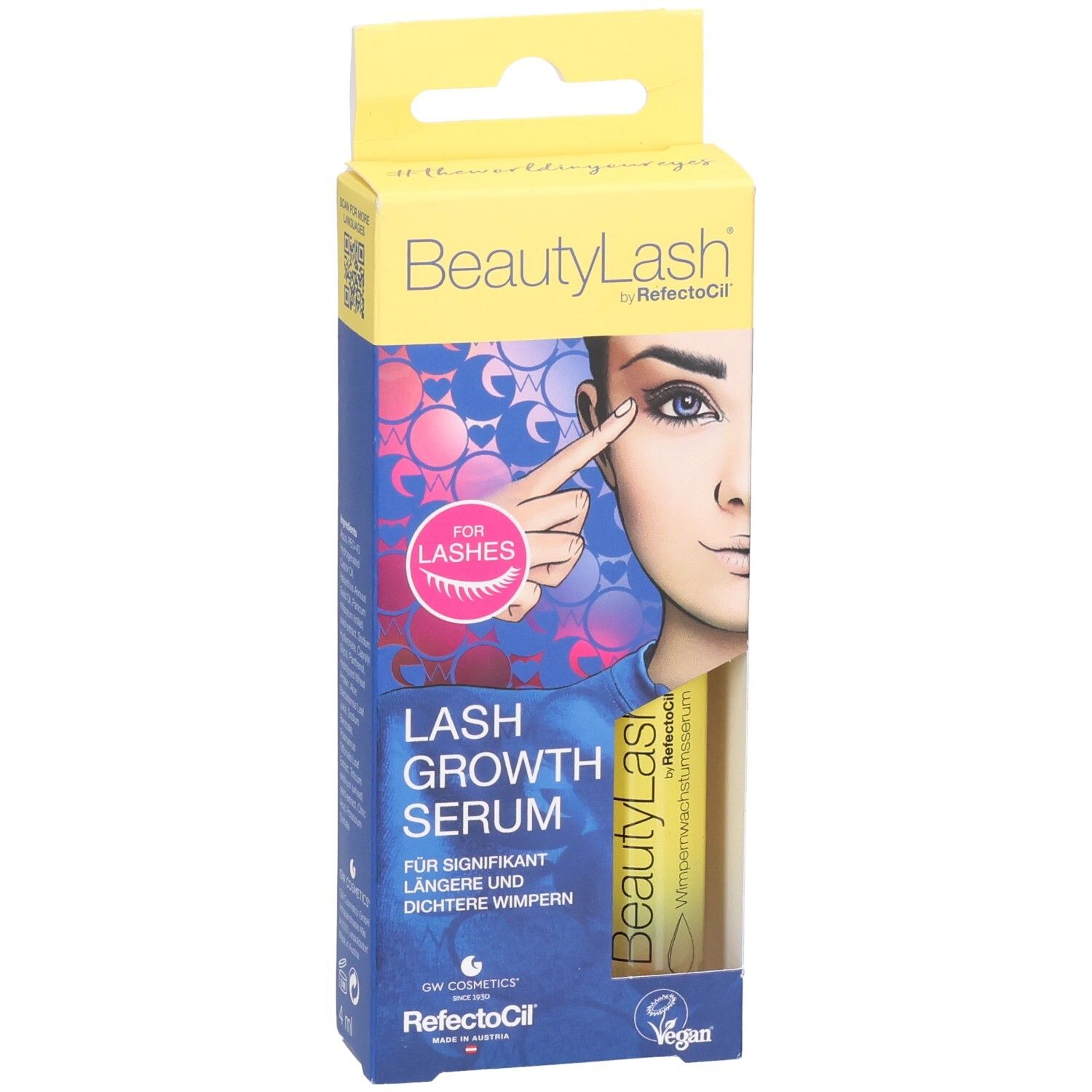 Verpackung mit BeautyLash Wimpernwachstumsserum. Aufdruck: Lash Growth Serum. Abbildung eines Auges.