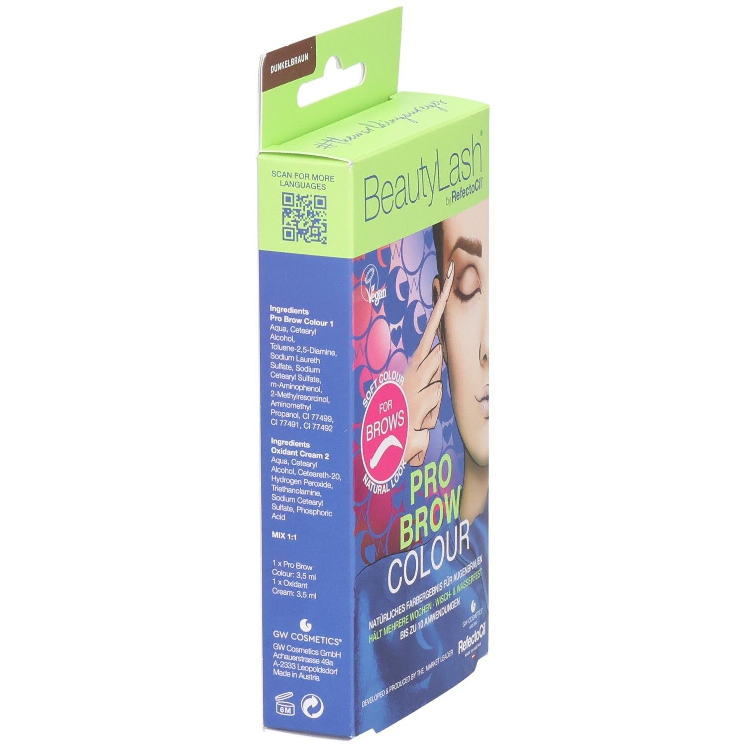 BeautyLash Pro Brow Colour Verpackung, Seitenansicht. Enthält Inhaltsstoffe. QR-Code. Produktabbildung. Farbton: Dunkelbraun.