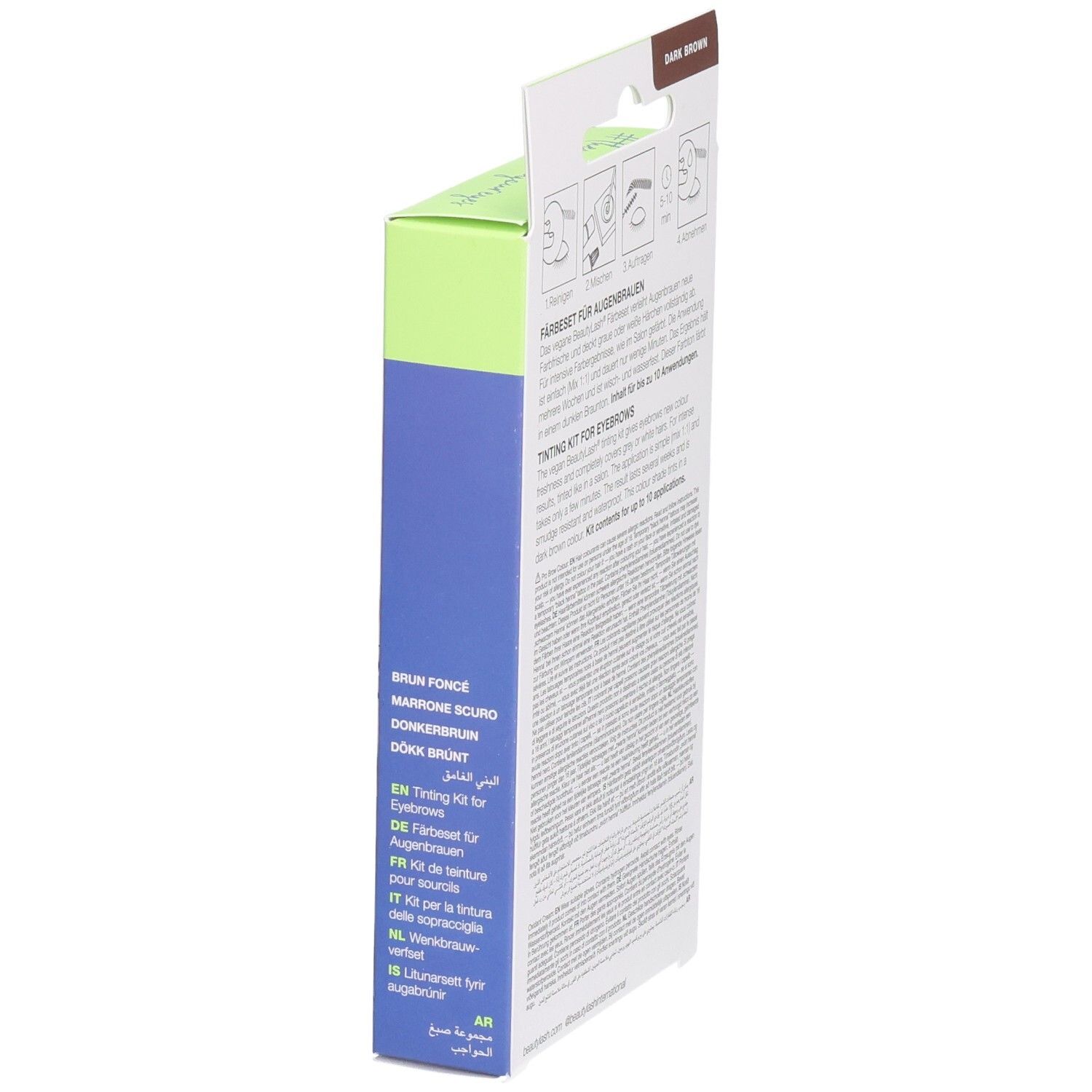 BeautyLash Pro Brow Colour Verpackung, Seitenansicht. Anwendungshinweise. Farbton: Dunkelbraun. Text in mehreren Sprachen.