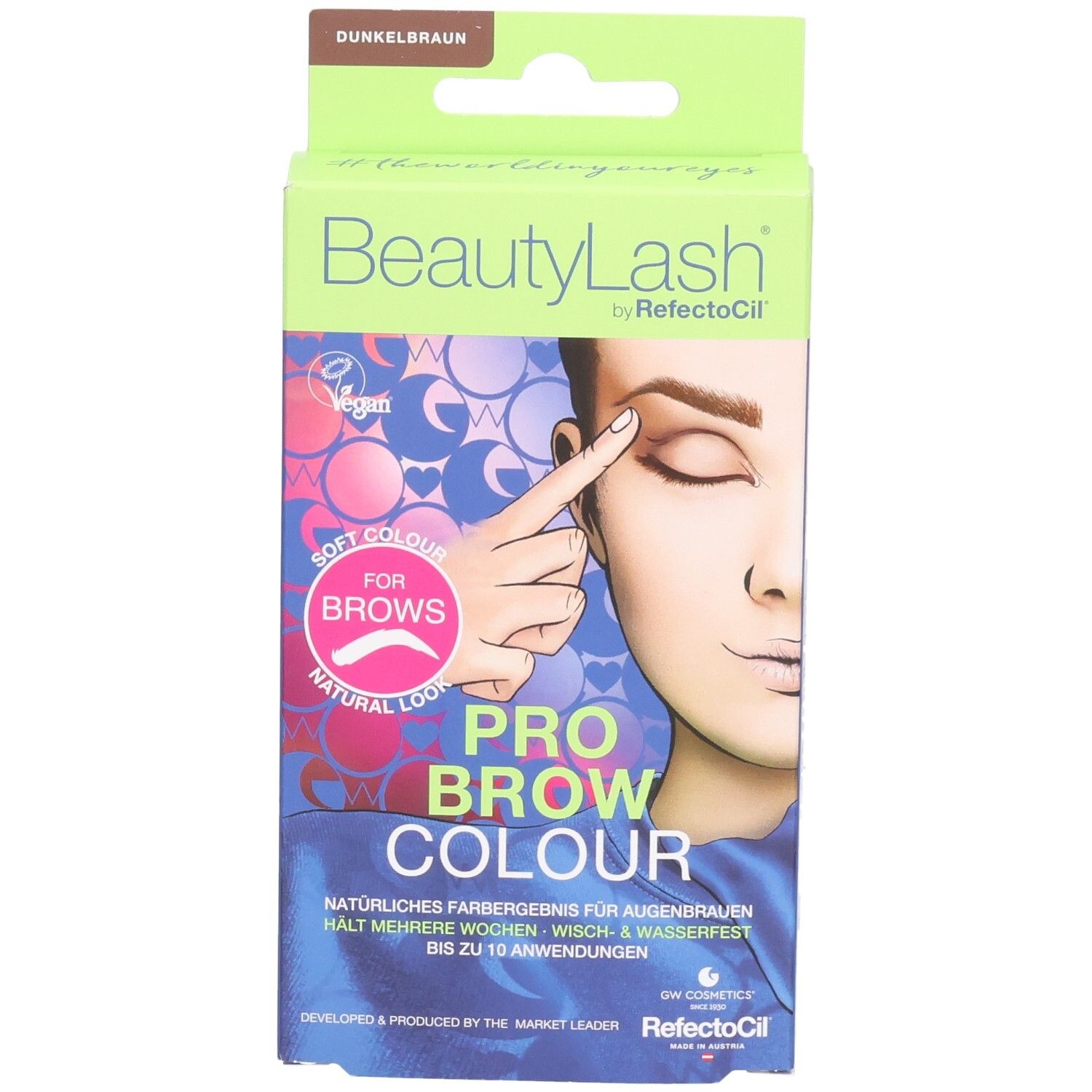 BeautyLash Pro Brow Colour Augenbrauenfarbe. Verpackung mit Produktabbildung. Vegan-Siegel. Farbton: Dunkelbraun.