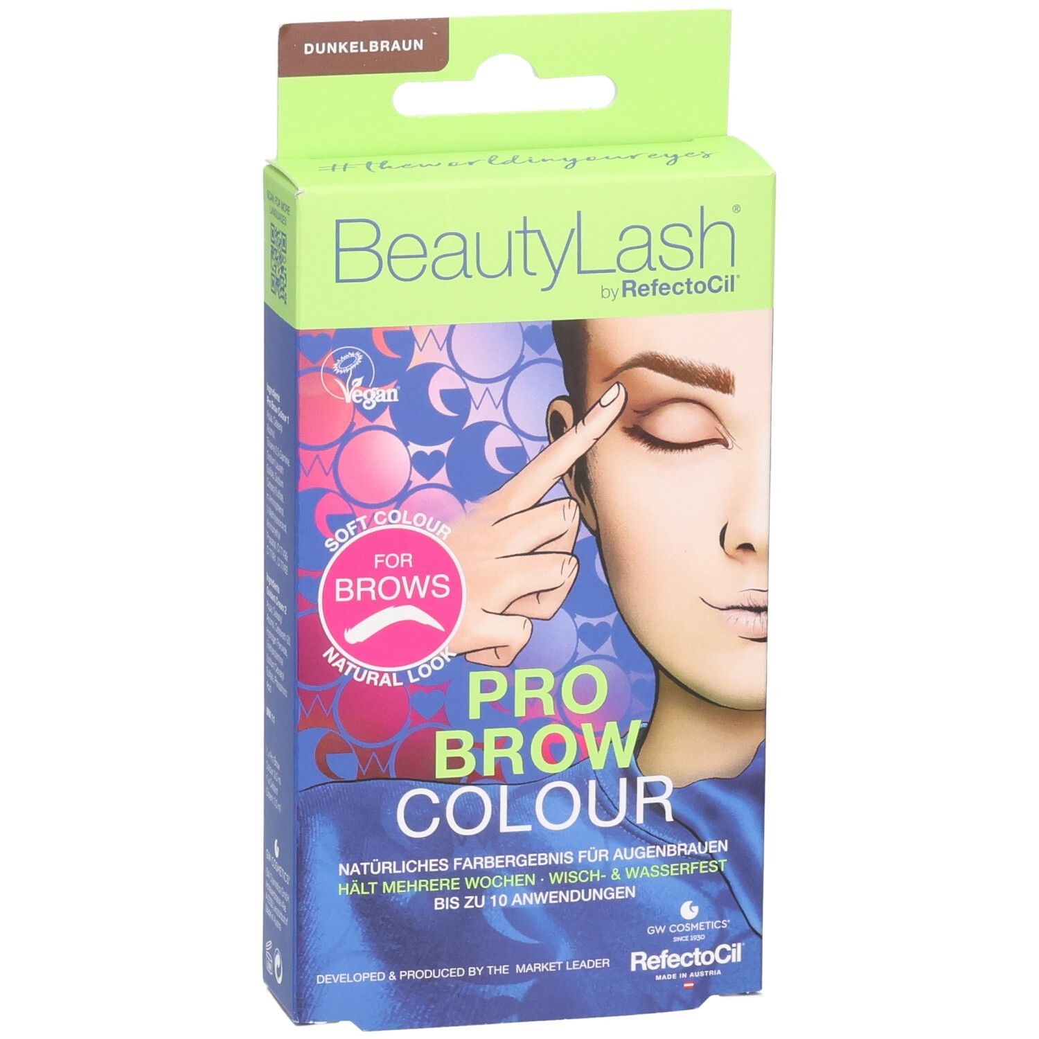 BeautyLash Pro Brow Colour Augenbrauenfarbe. Verpackung mit Produktabbildung. Vegan-Siegel. Farbton: Dunkelbraun.